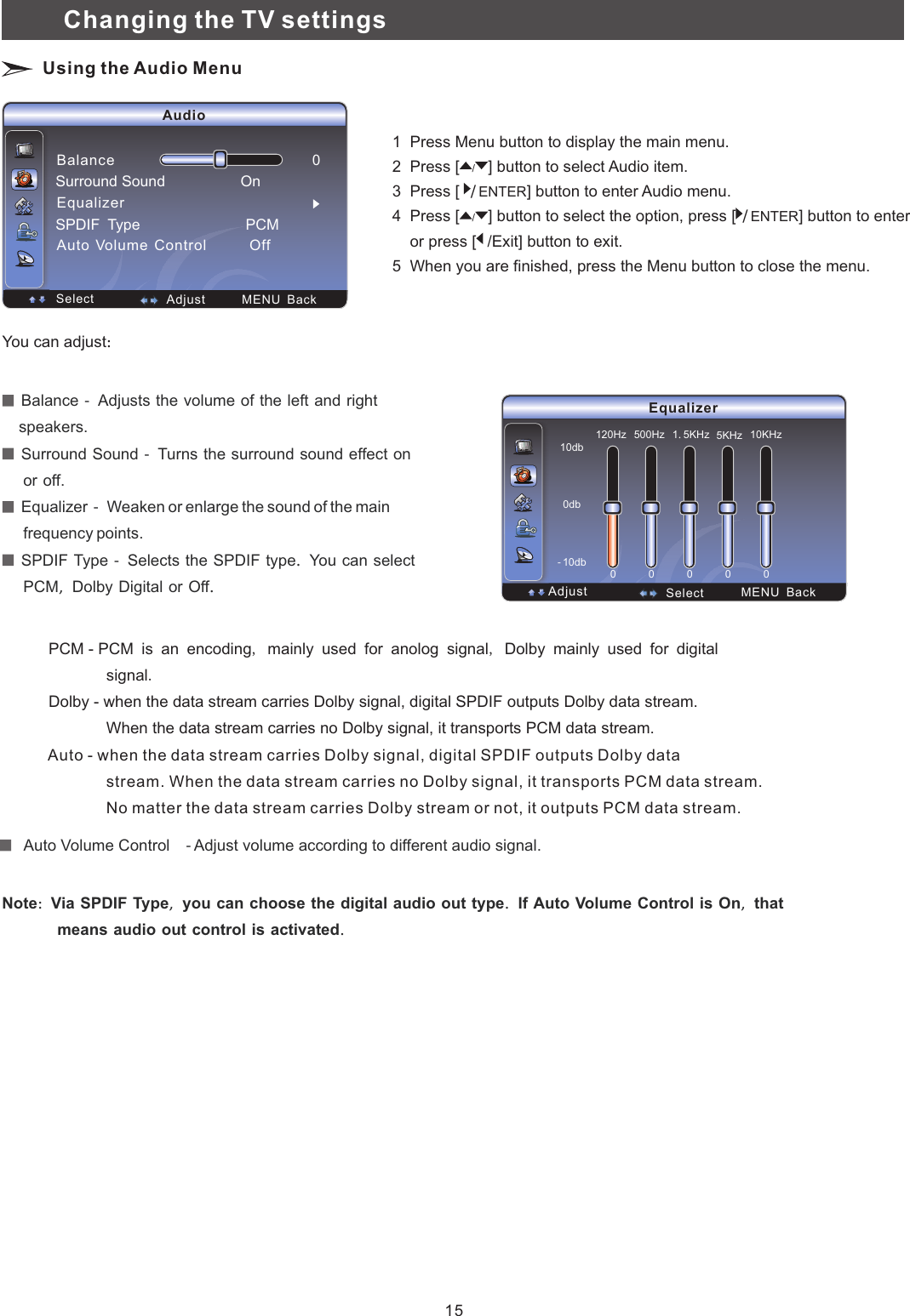 　You can adjust：　Equalizer  Select  MENU  Back Adjust120Hz10db0db－10db00000500Hz 1．5KHz 5KHz 10KHz  Balance　－　Adjusts　the　volume　of　the　left　and　right　　　　　    speakers.   Surround　Sound　－　Turns　the　surround　sound　effect　on　　     or　off.  Equalizer　－　Weaken or enlarge the sound of the main      frequency points.  SPDIF　Type　－　Selects　the　SPDIF　type．　You　can　select　     PCM，　Dolby　Digital　or　Off．       Auto Volume Control　－　Adjust volume according to different audio signal.      PCM - PCM is an encoding, mainly used for anolog signal, Dolby mainly used for digital                         signal.              Dolby - when the data stream carries Dolby signal, digital SPDIF outputs Dolby data stream.                       When the data stream carries no Dolby signal, it transports PCM data stream.          Auto - when the data stream carries Dolby signal, digital SPDIF outputs Dolby data                        stream. When the data stream carries no Dolby signal, it transports PCM data stream.                   No matter the data stream carries Dolby stream or not, it outputs PCM data stream.Note：　Via　SPDIF　Type，　you　can　choose　the　digital　audio　out　type．　If　Auto　Volume　Control　is　On，　that　means　audio　out　control　is　activated．Audio  Select  MENU  Back   AdjustSurround Sound　　　　　　　　　　On　SPDIF　Type　　　　　　　　　　　　　　PCM　Balance 0EqualizerAuto　Volume　Control　　　　　　Off　　　　　　　　　　　　　　　　　　　　　　　　Changing the TV settings Using the Audio Menu1  Press Menu button to display the main menu.2  Press   button to select Audio item. 3  Press [  ] button to enter   menu.4  Press [ button to select the option, press [ /] button to enter     or press [    button to exit. 5  When you are finished, press the Menu button to close the menu.[/]ENTER Audio/]  ENTER/Exit]/15