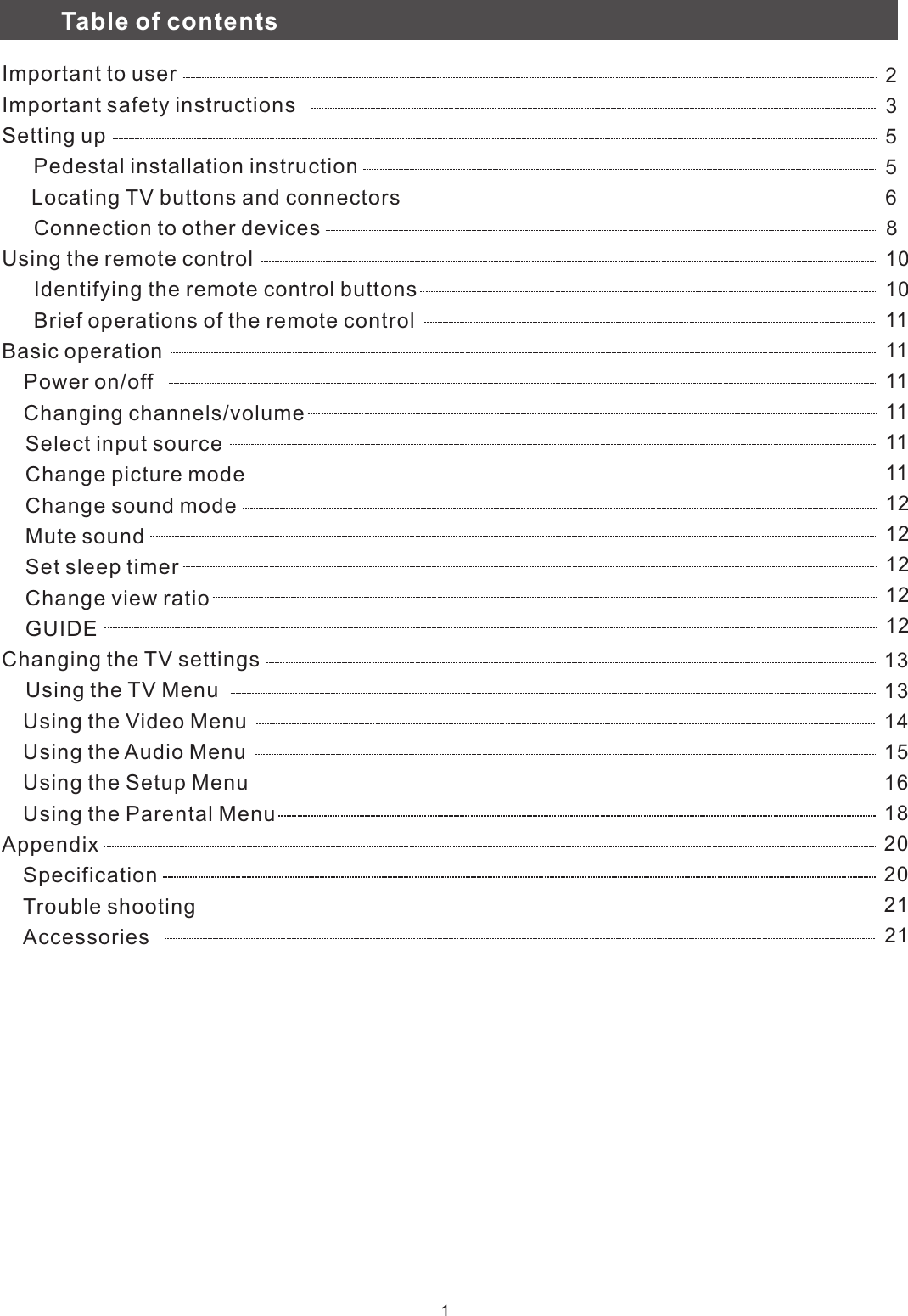 Table of contents1Important to userImportant safety instructionsSetting up　　　     Locating TV buttons and connectors　　　Connection to other devicesUsing the remote control　　　Identifying the remote control buttons　　　Brief operations of the remote controlBasic operation Power on/offChanging channels/volume Select input source Change picture mode Change sound mode Mute sound Set sleep timer Change view ratio GUIDEChanging the TV settings    Using the TV Menu　　　　　　　　Appendix 　　Specification　　Trouble shooting　　Accessories Pedestal installation instructionUsing the Video MenuUsing the Audio MenuUsing the Setup MenuUsing the Parental Menu2355681010111111111111121212121213131415161820202121