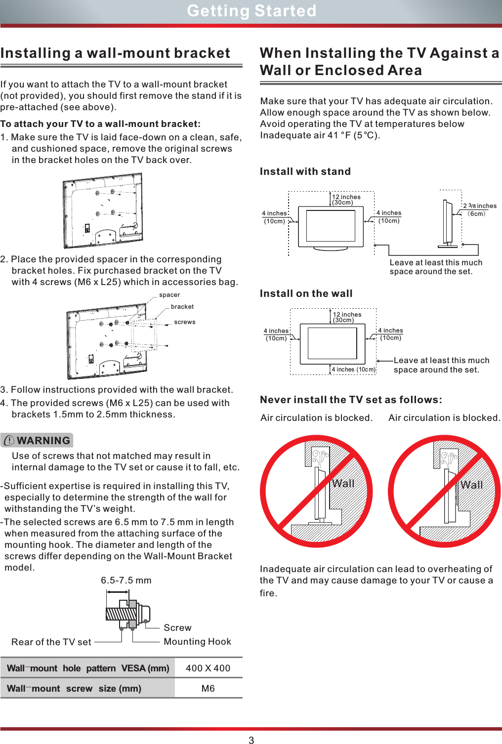 Inadequate air circulation can lead to overheating of the TV and may cause damage to your TV or cause a fire.Make sure that your TV has adequate air circulation. Allow enough space around the TV as shown below. Avoid operating the TV at temperatures below Inadequate air 41 ° F (5 °C).Never install the TV set as follows:If you want to attach the TV to a wall-mount bracket (not provided), you should first remove the stand if it is pre-attached (see above).To attach your TV to a wall-mount bracket:-Sufficient expertise is required in installing this TV, especially to determine the strength of the wall for withstanding the TV’s weight. -The selected screws are 6.5 mm to 7.5 mm in length when measured from the attaching surface of the mounting hook. The diameter and length of the screws differ depending on the Wall-Mount Bracket model.1. Make sure the TV is laid face-down on a clean, safe, and cushioned space, remove the original screws in the bracket holes on the TV back over.2. Place the provided spacer in the corresponding bracket holes. Fix purchased bracket on the TV with 4 screws (M6 x L25) which in accessories bag.3. Follow instructions provided with the wall bracket.4. The provided screws (M6 x L25) can be used with brackets 1.5mm to 2.5mm thickness. Air circulation is blocked. WallAir circulation is blocked. WallInstall on the wall4 inches(10cm)Leave at least this much space around the set.12 inches(30cm)4 inches  (10c m)4 inches(10cm)12 inches(30cm)4 inches(10cm)4 inches(10cm)Install with stand2      inches  (6cm)/83Leave at least this much space around the set.When Installing the TV Against a Wall or Enclosed Area3Getting StartedInstalling a wall-mount bracketUse of screws that not matched may result in internal damage to the TV set or cause it to fall, etc. WARNING6.5-7.5 mmScrewMounting HookRear of the TV setM6400 X 400Wall-mount hole pattern VESA  mm)(Wall-mount screw size (mm)spacerscrewsbracket