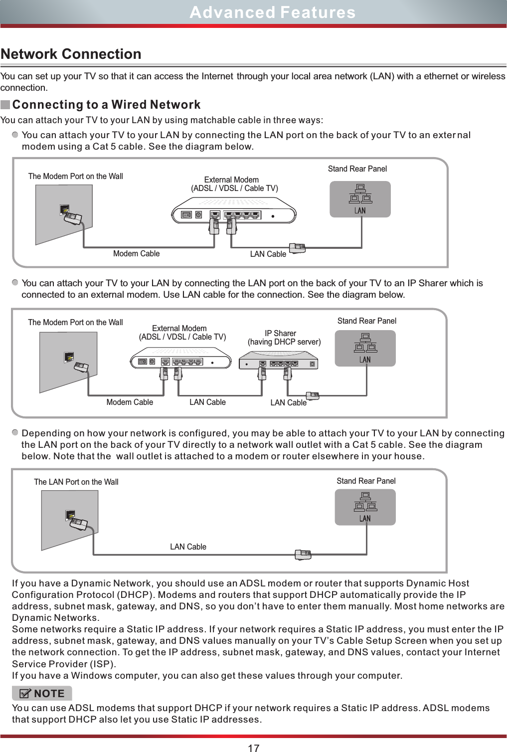 17Advanced FeaturesNetwork ConnectionYou can attach your TV to your LAN by using matchable cable in thr ee ways:You can attach your TV to your LAN by connecting the LAN port on the back of your TV to an exter nal modem using a Cat 5 cable. See the diagram below.  You can attach your TV to your LAN by connecting the LAN port on the back of your TV to an IP Sharer which is connected to an external modem. Use LAN cable for the connection. See the diagram below.  Depending on how your network is configured, you may be able to attach your TV to your LAN by connecting the LAN port on the back of your TV directly to a network wall outlet with a Cat 5 cable. See the diagram below. Note that the  wall outlet is attached to a modem or router elsewhere in your house.  Yo u can use ADSL modems that support DHCP if your network requires a Static IP address. ADSL modems that support DHCP also let you use Static IP addresses.    The Modem Port on the WallStand Rear PanelModem CableExternal Modem (ADSL / VDSL / Cable TV)LAN CableLAN Cable LAN CableModem CableThe Modem Port on the Wall Stand Rear PanelExternal Modem (ADSL / VDSL / Cable TV) IP Sharer(having DHCP server)If you have a Dynamic Network, you should use an ADSL modem or router that supports Dynamic Host Configuration Protocol (DHCP). Modems and routers that support DHCP automatically provide the IP address, subnet mask, gateway, and DNS, so you don’t have to enter them manually. Most home networks are Dynamic Networks.Some networks require a Static IP address. If your network requires a Static IP address, you must enter the IP address, subnet mask, gateway, and DNS values manually on your TV’s Cable Setup Screen when you set up the network connection. To get the IP address, subnet mask, gateway, and DNS values, contact your Internet Service Provider (ISP). If you have a Windows computer, you can also get these values through your computer.       The LAN Port on the WallLAN CableStand Rear Panel Connecting to a Wired NetworkNOTEYou can set up your TV so that it can access the Internet through your local area network (LAN) with a ethernet or wireless connection. 