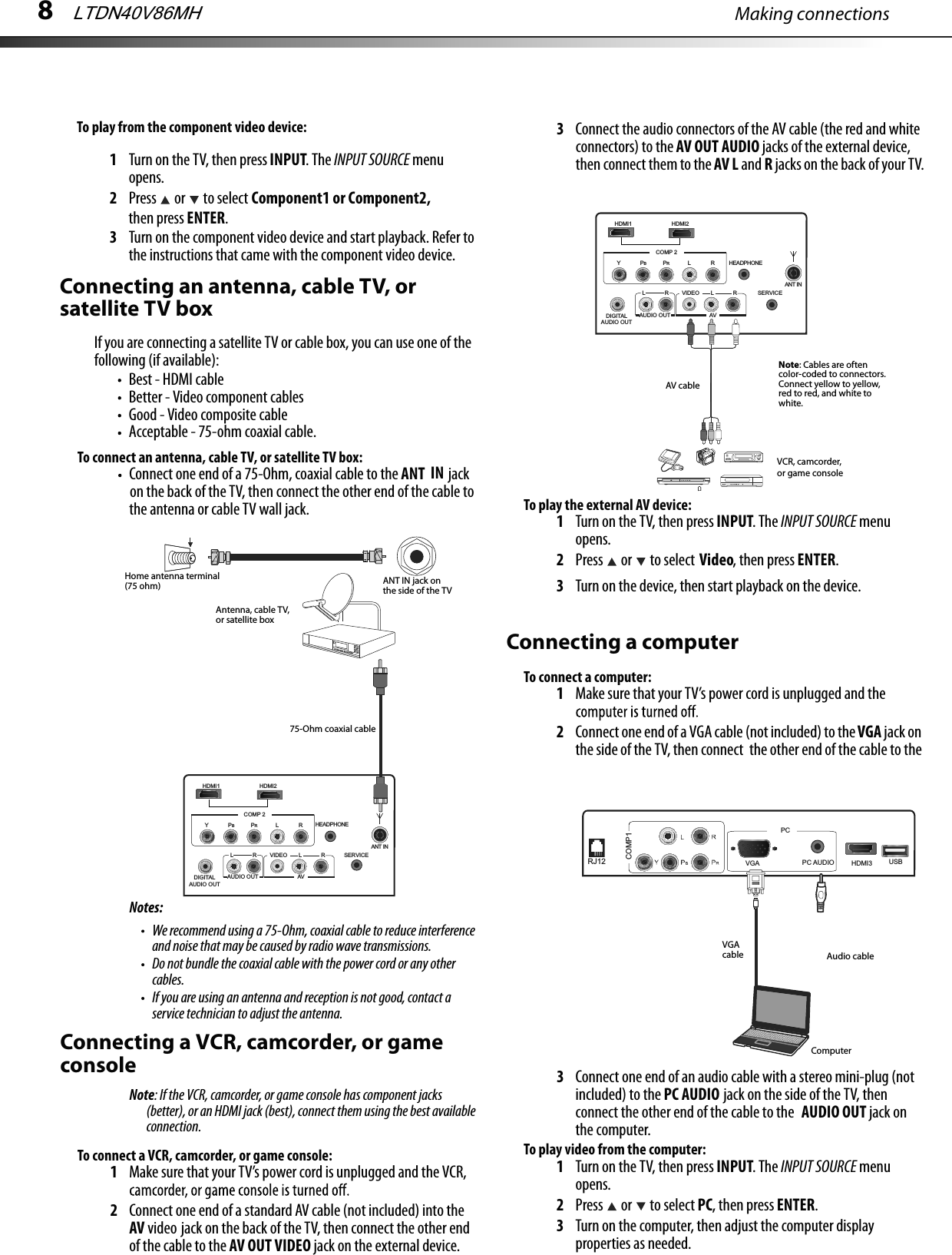 HDMI3COMP1PC AUDIORJ12PCUSBVGAHDMI2COMP 2HEADPHONEAUDIO OUTVIDEO L RLRAVDIGITALAUDIO OUTYPBPRLRHDMI1SERVICEANT INHDMI2COMP 2HEADPHONEAUDIO OUTVIDEO L RLRAVDIGITALAUDIO OUTYPBPRLRHDMI1SERVICEANT INMaking connections8To connect an antenna, cable TV, or satellite TV box:Connect one end of a 75-Ohm, coaxial cable to the                  jack ANT IN  on the back of the TV, then connect the other end of the cable to the antenna or cable TV wall jack.Notes:We recommend using a 75-Ohm, coaxial cable to reduce interference and noise that may be caused by radio wave transmissions.Do not bundle the coaxial cable with the power cord or any other cables.If you are using an antenna and reception is not good, contact a service technician to adjust the antenna.Connecting a VCR, camcorder, or game consoleNote: If the VCR, camcorder, or game console has component jacks (better), or an HDMI jack (best), connect them using the best available connection.To connect a VCR, camcorder, or game console:1Make sure that your TV’s power cord is unplugged and the VCR, 2Connect one end of a standard AV cable (not included) into the AV video jack on the back of the TV, then connect the other end of the cable to the AV OUT VIDEO jack on the external device.3Connect the audio connectors of the AV cable (the red and white connectors) to the AV OUT AUDIO jacks of the external device, then connect them to the AV L and R jacks on the back of your TV.To play the external AV device:1Turn on the TV, then press INPUT. The INPUT SOURCE menu opens.2Press   or   to select Video, then press ENTER.3Turn on the device, then start playback on the device.Connecting a computerTo connect a computer:1Make sure that your TV’s power cord is unplugged and the 2Connect one end of a VGA cable (not included) to the VGA jack on the side of the TV, then connect  the other end of the cable to the 3Connect one end of an audio cable with a stereo mini-plug (not included) to the PC AUDIO jack on the side of the TV, then connect the other end of the cable to the  AUDIO OUT jack on  the computer.To play video from the computer:1Turn on the TV, then press INPUT. The INPUT SOURCE menu opens.2Press  or  to select PC, then press ENTER.3Turn on the computer, then adjust the computer display properties as needed.ANT IN jack on the side of the TVAntenna, cable TV, or satellite boxHome antenna terminal(75 ohm)To play from the component video device:1Turn on the TV, then press INPUT. The INPUT SOURCE menu opens.2Press   or   to select Component1 or Component2, then press ENTER.3Turn on the component video device and start playback. Refer to the instructions that came with the component video device.Connecting an antenna, cable TV, or satellite TV boxIf you are connecting a satellite TV or cable box, you can use one of the following (if available):Best - HDMI cableBetter - Video component cablesGood - Video composite cableAcceptable - 75-ohm coaxial cable.VCR, camcorder, or game consoleAV cableNote: Cables are often color-coded to connectors. Connect yellow to yellow, red to red, and white to white.75-Ohm coaxial cableVGA cable Audio cableComputerLTDN40V86MH