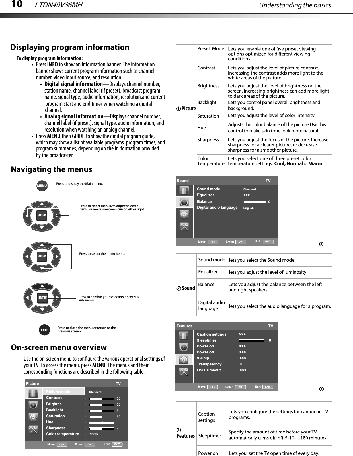 10 Understanding the basicsNavigating the menusOn-screen menu overviewyour TV. To access the menu, press MENU. The menus and their corresponding functions are described in the following table:PictureBrightness Lets you adjust the level of brightness on the screen. Increasing brightness can add more light to dark areas of the picture.Contrast Lets you adjust the level of picture contrast. Increasing the contrast adds more light to the white areas of the picture.Saturation Lets you adjust the level of color intensity.Sharpness Lets you adjust the focus of the picture. Increase sharpness for a clearer picture, or decrease sharpness for a smoother picture.Backlight  Lets you control panel overall brightness and background.Color TemperatureLets you select one of three preset color temperature settings: Cool, Normalor Warm.ENTERMENUEXITENTERENTERPress to display the Main menu.Press to select menus, to adjust selected items, or move on-screen cursor left or right.Press to select the menu items.sub-menu.Press to close the menu or return to the previous screen.Displaying program informationTo display program information:Press INFO to show an information banner. The information banner shows current program information such as channel number, video input source, and resolution.Digital signal information—Displays channel number, station name, channel label (if preset), broadcast program name, signal type, audio information, resolution,and current  program start and end times when watching a digital Analog signal information—Displays channel number, channel label (if preset), signal type, audio information, and resolution when watching an analog channel.Press MENU,then GUIDE  to show the digital program guide, which may show a list of available programs, program times, and program summaries, depending on the in formation provided by the broadcaster.channel.Preset  Modeconditions.12SoundSound mode2Balance Lets you adjust the balance between the left and right speakers.3LTDN40V86MHPicture                                                                         TV.......Picture mode                  StandardContrastBrightneBacklightSaturationHueSharpnessColor temperature          Normal505055005Move: Enter:      OK Exit:     EXITHueSound                                                                         TVSound mode                       StandardEqualizer                            &gt;&gt;&gt;BalanceDigital audio language     0Move: Enter:      OK Exit:     EXITFeatures                                                                        TVCaption settings            &gt;&gt;&gt;Sleeptimer                                                  0Power on                        &gt;&gt;&gt;Power off                        &gt;&gt;&gt;V-Chip                             &gt;&gt;&gt;Transpaerncy                 0OSD Timeout                  &gt;&gt;&gt;Move: Enter:      OK Exit:     EXITEqualizerFeaturesCaption settings3Power onSleeptimerAdjusts the color balance of the picture.Use this control to make skin tone look more natural. lets you select the Sound mode.lets you adjust the level of luminosity.programs.Specify the amount of time before your TV Lets you  set the TV open time of every day.EnglishDigital audiolanguage lets you select the audio language for a program.