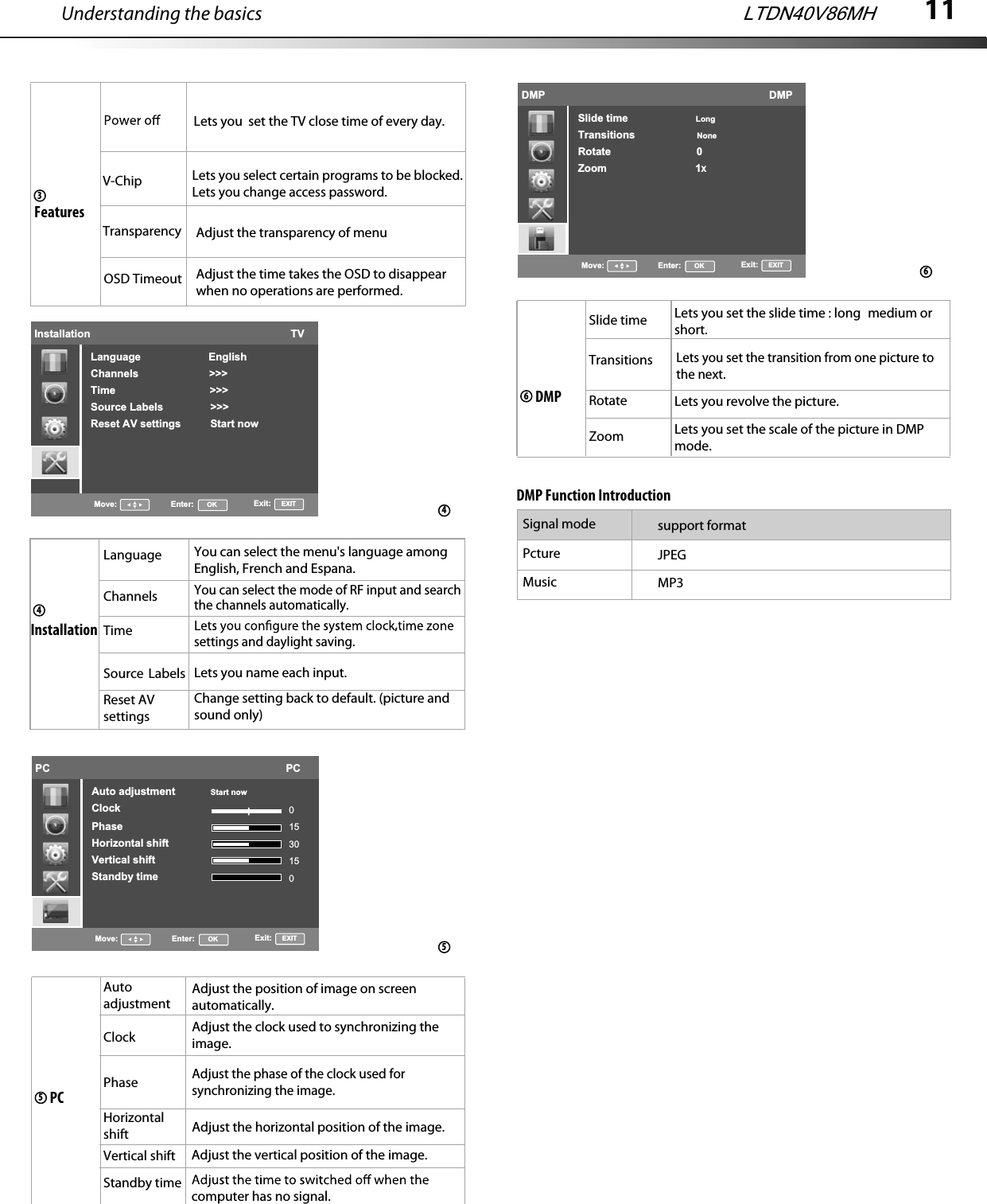 11Understanding the basicsInstallation44PC55TimeSource LabelsReset AVsettingsAutoadjustmentClockPhaseHorizontal shiftVertical shiftStandby time LanguageLTDN40V86MHFeatures3OSD TimeoutInstallation                                                                    TVLanguage                       EnglishChannels                        &gt;&gt;&gt;Time                                &gt;&gt;&gt;Source Labels                &gt;&gt;&gt;Reset AV settings          Start nowMove: Enter:      OK Exit:     EXITChannelsPC                                                                                PCAuto adjustment            Start nowClockPhaseHorizontal shiftVertical shiftStandby time01530150Move: Enter:      OK Exit:     EXITDMP                                                                            DMPSlide time                       LongTransitions                     NoneRotate                             0Zoom                              1XMove: Enter:      OK Exit:     EXITDMP6Slide timeTransitionsRotateZoom6Lets you  set the TV close time of every day.Adjust the transparency of menuYou can select the menu&apos;s language among English, French and Espana.settings and daylight saving.Adjust the clock used to synchronizing the image.Lets you set the slide time : long medium orshort.Adjust the time takes the OSD to disappear when no operations are performed.Lets you select certain programs to be blocked.Lets you change access password.Lets you set the scale of the picture in DMP mode.  You can select the mode of RF input and searchthe channels automatically.Lets you name each input.Change setting back to default. (picture andsound only)Adjust the position of image on screen automatically.Adjust the phase of the clock used for synchronizing the image.Adjust the horizontal position of the image. Adjust the vertical position of the image. computer has no signal.Lets you revolve the picture.V-ChipLets you set the transition from one picture tothe next.Signal modeDMP Function IntroductionPctureMusicsupport formatJPEGMP3Transparency,