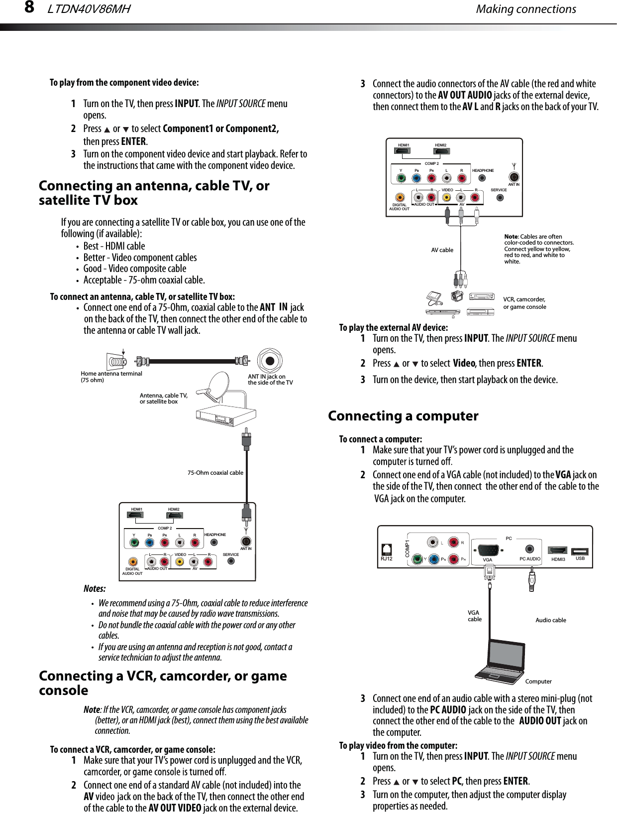 HDMI3COMP1PC AUDIORJ12PCUSBVGAHDMI2COMP 2HEADPHONEAUDIO OUTVIDEO L RLRAVDIGITALAUDIO OUTYPBPRLRHDMI1SERVICEANT INHDMI2COMP 2HEADPHONEAUDIO OUTVIDEO L RLRAVDIGITALAUDIO OUTYPBPRLRHDMI1SERVICEANT INMaking connections8To connect an antenna, cable TV, or satellite TV box:Connect one end of a 75-Ohm, coaxial cable to the                  jack ANT IN  on the back of the TV, then connect the other end of the cable to the antenna or cable TV wall jack.Notes:We recommend using a 75-Ohm, coaxial cable to reduce interference and noise that may be caused by radio wave transmissions.Do not bundle the coaxial cable with the power cord or any other cables.If you are using an antenna and reception is not good, contact a service technician to adjust the antenna.Connecting a VCR, camcorder, or game consoleNote: If the VCR, camcorder, or game console has component jacks (better), or an HDMI jack (best), connect them using the best available connection.To connect a VCR, camcorder, or game console:1Make sure that your TV’s power cord is unplugged and the VCR, 2Connect one end of a standard AV cable (not included) into the AV video jack on the back of the TV, then connect the other end of the cable to the AV OUT VIDEO jack on the external device.3Connect the audio connectors of the AV cable (the red and white connectors) to the AV OUT AUDIO jacks of the external device, then connect them to the AV L and R jacks on the back of your TV.To play the external AV device:1Turn on the TV, then press INPUT. The INPUT SOURCE menu opens.2Press   or   to select Video, then press ENTER.3Turn on the device, then start playback on the device.Connecting a computerTo connect a computer:1Make sure that your TV’s power cord is unplugged and the 2Connect one end of a VGA cable (not included) to the VGA jack on the side of the TV, then connect  the other end of  the cable to the 3Connect one end of an audio cable with a stereo mini-plug (not included) to the PC AUDIO jack on the side of the TV, then connect the other end of the cable to the  AUDIO OUT jack on  the computer.To play video from the computer:1Turn on the TV, then press INPUT. The INPUT SOURCE menu opens.2Press   or   to select PC, then press ENTER.3Turn on the computer, then adjust the computer display properties as needed.ANT IN jack on the side of the TVAntenna, cable TV, or satellite boxHome antenna terminal(75 ohm)To play from the component video device:1Turn on the TV, then press INPUT. The INPUT SOURCE menu opens.2Press   or   to select Component1 or Component2, then press ENTER.3Turn on the component video device and start playback. Refer to the instructions that came with the component video device.Connecting an antenna, cable TV, or satellite TV boxIf you are connecting a satellite TV or cable box, you can use one of the following (if available):Best - HDMI cableBetter - Video component cablesGood - Video composite cableAcceptable - 75-ohm coaxial cable.VCR, camcorder, or game consoleAV cableNote: Cables are often color-coded to connectors. Connect yellow to yellow, red to red, and white to white.75-Ohm coaxial cableVGA cable Audio cableComputerLTDN40V86MH  VGA jack on the computer. 