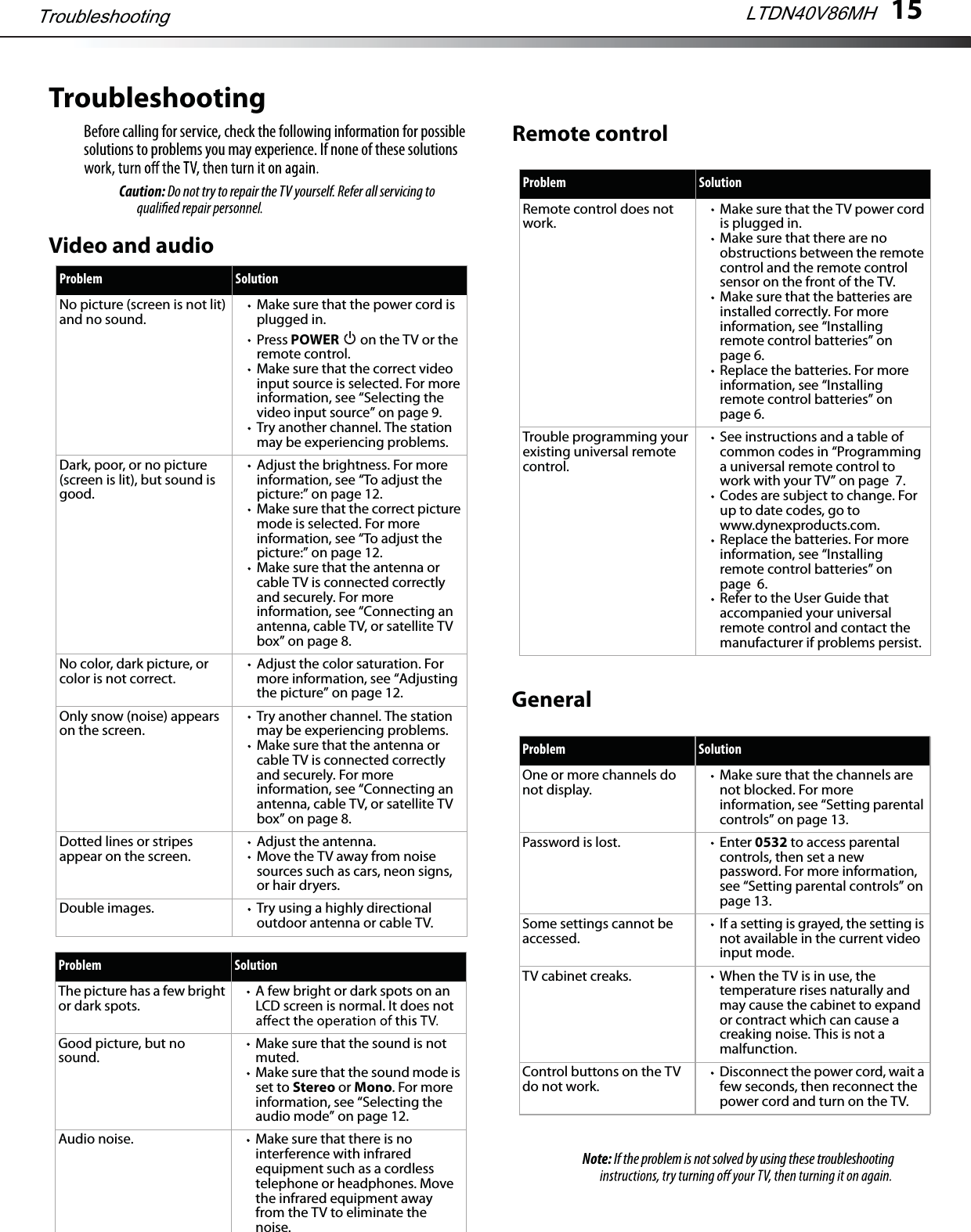 15Remote controlGeneralNote: If the problem is not solved by using these troubleshooting The picture has a few bright or dark spots.A few bright or dark spots on an LCD screen is normal. It does not Good picture, but no sound.Make sure that the sound is not muted.Make sure that the sound mode is set to Stereo or Mono. For more information, see “Selecting the audio mode” on page 12.Audio noise. Make sure that there is no interference with infrared equipment such as a cordless telephone or headphones. Move the infrared equipment away from the TV to eliminate the noise.Problem SolutionRemote control does not work.Make sure that the TV power cord is plugged in.Make sure that there are no obstructions between the remote control and the remote control sensor on the front of the TV.Make sure that the batteries are installed correctly. For more information, see “Installing remote control batteries” on page 6.Replace the batteries. For more information, see “Installing remote control batteries” on page 6.Trouble programming your existing universal remote control.See instructions and a table of common codes in “Programming a universal remote control to work with your TV” on page  7.Codes are subject to change. For up to date codes, go to www.dynexproducts.com.Replace the batteries. For more information, see “Installing remote control batteries” on page 6.Refer to the User Guide that accompanied your universal remote control and contact the manufacturer if problems persist.Problem SolutionProblem SolutionOne or more channels do not display.Make sure that the channels are not blocked. For more information, see “Setting parental controls” on page 13.Password is lost. Enter 0532 to access parental controls, then set a new password. For more information, see “Setting parental controls” on page 13.Some settings cannot be accessed.If a setting is grayed, the setting is not available in the current video input mode.TV cabinet creaks. When the TV is in use, the temperature rises naturally and may cause the cabinet to expand or contract which can cause a creaking noise. This is not a malfunction.Control buttons on the TV do not work.Disconnect the power cord, wait a few seconds, then reconnect the power cord and turn on the TV.TroubleshootingBefore calling for service, check the following information for possible solutions to problems you may experience. If none of these solutions Caution: Do not try to repair the TV yourself. Refer all servicing to Video and audioProblem SolutionNo picture (screen is not lit) and no sound.Make sure that the power cord is plugged in.Press POWER  on the TV or the remote control.Make sure that the correct video input source is selected. For more information, see “Selecting the video input source” on page 9.Try another channel. The station may be experiencing problems.Dark, poor, or no picture (screen is lit), but sound is good.Adjust the brightness. For more information, see “To adjust the picture:” on page 12.Make sure that the correct picture mode is selected. For more information, see “To adjust the picture:” on page 12.Make sure that the antenna or cable TV is connected correctly and securely. For more information, see “Connecting an antenna, cable TV, or satellite TV box” on page 8.No color, dark picture, or color is not correct.Adjust the color saturation. For more information, see “Adjusting the picture” on page 12.Only snow (noise) appears on the screen.Try another channel. The station may be experiencing problems.Make sure that the antenna or cable TV is connected correctly and securely. For more information, see “Connecting an antenna, cable TV, or satellite TV box” on page 8.Dotted lines or stripes appear on the screen.Adjust the antenna.Move the TV away from noise sources such as cars, neon signs, or hair dryers.Double images. Try using a highly directional outdoor antenna or cable TV.Troubleshooting LTDN40V86MH