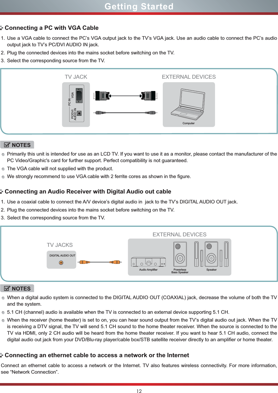 12Getting StartedConnecting a PC with VGA CableConnecting an Audio Receiver with Digital Audio out cable1. Use a VGA cable to connect the PC’s VGA output jack to the TV’s VGA jack. Use an audio cable to connect the PC’s audio output jack to TV’s PC/DVI AUDIO IN jack. 2. Plug the connected devices into the mains socket before switching on the TV. 3. Select the corresponding source from the TV. 1. Use a coaxial cable to connect the A/V device’s digital audio in  jack to the TV’s DIGITAL AUDIO OUT jack.2. Plug the connected devices into the mains socket before switching on the TV.3. Select the corresponding source from the TV. NOTESPrimarily this unit is intended for use as an LCD TV. If you want to use it as a monitor, please contact the manufacturer of the PC Video/Graphic&apos;s card for further support. Perfect compatibility is not guaranteed.The VGA cable will not supplied with the product. We strongly recommend to use VGA cable with 2 ferrite cores as shown in the figure.NOTESWhen a digital audio system is connected to the DIGITAL AUDIO OUT (COAXIAL) jack, decrease the volume of both the TV and the system. 5.1 CH (channel) audio is available when the TV is connected to an external device supporting 5.1 CH.When the receiver (home theater) is set to on, you can hear sound output from the TV’s digital audio out jack. When the TV is receiving a DTV signal, the TV will send 5.1 CH sound to the home theater receiver. When the source is connected to the TV via HDMI, only 2 CH audio will be heard from the home theater receiver. If you want to hear 5.1 CH audio, connect the digital audio out jack from your DVD/Blu-ray player/cable box/STB satellite receiver directly to an amplifier or home theater.TV JACKSEXTERNAL DEVICESPowerless Bass SpeakerSpeakerDIGITAL AUDIO OUTConnecting an ethernet cable to access a network or the InternetConnect an ethernet cable to access a network or the Internet. TV also features wireless connectivity. For more information, see “Network Connection”.EXTERNAL DEVICESComputerTV JACKVGAPC INPC/DVIAUDIO IN