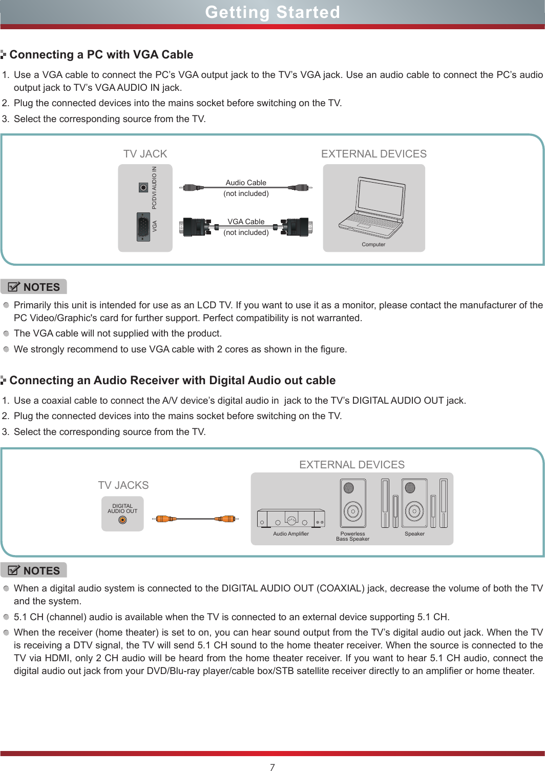 7Getting StartedConnecting a PC with VGA Cable1. Use a VGA cable to connect the PC’s VGA output jack to the TV’s VGA jack. Use an audio cable to connect the PC’s audio output jack to TV’s VGA AUDIO IN jack. 2. Plug the connected devices into the mains socket before switching on the TV. 3. Select the corresponding source from the TV. NOTESPrimarily this unit is intended for use as an LCD TV. If you want to use it as a monitor, please contact the manufacturer of the PC Video/Graphic&apos;s card for further support. Perfect compatibility is not warranted.The VGA cable will not supplied with the product. We strongly recommend to use VGA cable with 2 cores as shown in the figure.EXTERNAL DEVICESComputerTV JACKVGA PC/DVI AUDIO INAudio Cable (not included)VGA Cable (not included)Connecting an Audio Receiver with Digital Audio out cable1. Use a coaxial cable to connect the A/V device’s digital audio in  jack to the TV’s DIGITAL AUDIO OUT jack.2. Plug the connected devices into the mains socket before switching on the TV.3. Select the corresponding source from the TV. NOTESWhen a digital audio system is connected to the DIGITAL AUDIO OUT (COAXIAL) jack, decrease the volume of both the TV and the system. 5.1 CH (channel) audio is available when the TV is connected to an external device supporting 5.1 CH.When the receiver (home theater) is set to on, you can hear sound output from the TV’s digital audio out jack. When the TV is receiving a DTV signal, the TV will send 5.1 CH sound to the home theater receiver. When the source is connected to the TV via HDMI, only 2 CH audio will be heard from the home theater receiver. If you want to hear 5.1 CH audio, connect the digital audio out jack from your DVD/Blu-ray player/cable box/STB satellite receiver directly to an amplifier or home theater.TV JACKSEXTERNAL DEVICESPowerless Bass SpeakerSpeakerAudio AmplierDIGITALAUDIO OUT