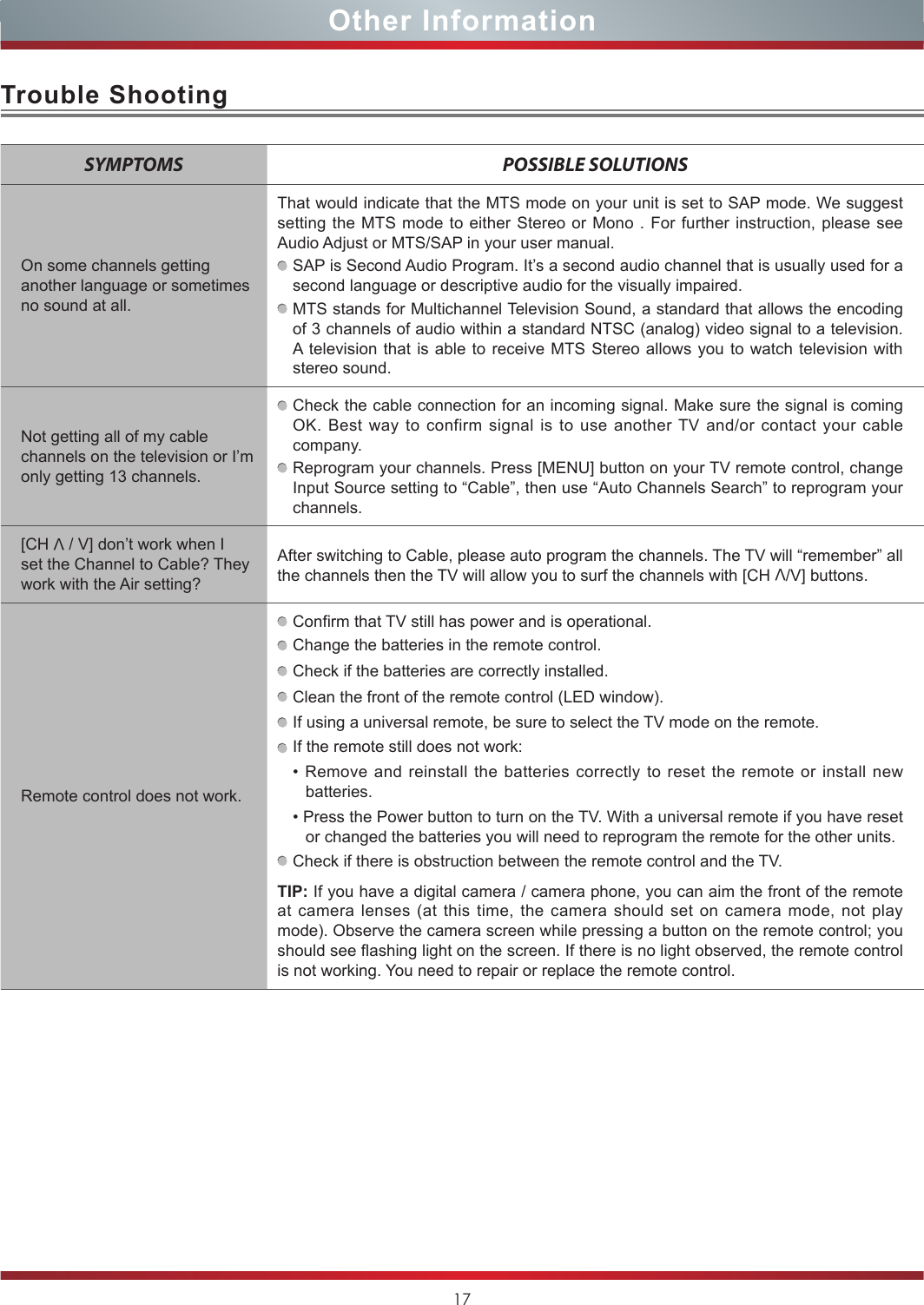 17Other InformationTrouble ShootingSYMPTOMS POSSIBLE SOLUTIONSOn some channels getting another language or sometimes no sound at all.That would indicate that the MTS mode on your unit is set to SAP mode. We suggest setting the MTS mode to either Stereo or Mono . For further instruction, please see Audio Adjust or MTS/SAP in your user manual.SAP is Second Audio Program. It’s a second audio channel that is usually used for a second language or descriptive audio for the visually impaired.MTS stands for Multichannel Television Sound, a standard that allows the encoding of 3 channels of audio within a standard NTSC (analog) video signal to a television. A television that is able to receive MTS Stereo allows you to watch television with stereo sound.Not getting all of my cable channels on the television or I’m only getting 13 channels.Check the cable connection for an incoming signal. Make sure the signal is coming OK. Best way to confirm signal is to use another TV and/or contact your cable company.Reprogram your channels. Press [MENU] button on your TV remote control, change Input Source setting to “Cable”, then use “Auto Channels Search” to reprogram your channels.[CH V / V] don’t work when I set the Channel to Cable? They work with the Air setting?After switching to Cable, please auto program the channels. The TV will “remember” all the channels then the TV will allow you to surf the channels with [CH V/V] buttons.Remote control does not work.Confirm that TV still has power and is operational.Change the batteries in the remote control.Check if the batteries are correctly installed.Clean the front of the remote control (LED window).If using a universal remote, be sure to select the TV mode on the remote.If the remote still does not work:• Remove and reinstall the  batteries correctly  to  reset the  remote  or  install  new batteries.• Press the Power button to turn on the TV. With a universal remote if you have reset or changed the batteries you will need to reprogram the remote for the other units.Check if there is obstruction between the remote control and the TV.TIP: If you have a digital camera / camera phone, you can aim the front of the remote at camera lenses (at this time, the camera should set on camera mode, not play mode). Observe the camera screen while pressing a button on the remote control; you should see flashing light on the screen. If there is no light observed, the remote control is not working. You need to repair or replace the remote control.