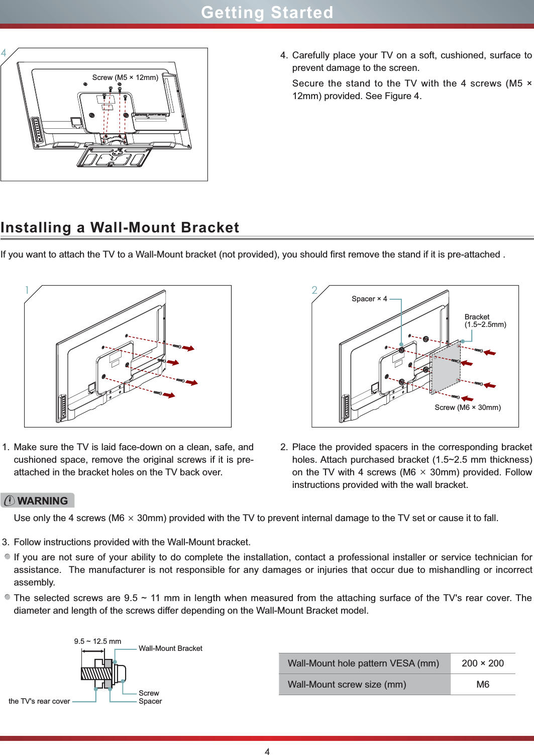 4Getting StartedInstalling a Wall-Mount Bracket4. Carefully place your TV on a soft, cushioned, surface to prevent damage to the screen.Secure the stand to the TV with the 4 screws (M5 × 12mm) provided. See Figure 4.4Screw (M5 × 12mm)If you want to attach the TV to a Wall-Mount bracket (not provided), you should first remove the stand if it is pre-attached .1. Make sure the TV is laid face-down on a clean, safe, and cushioned space, remove the original screws if it is pre-attached in the bracket holes on the TV back over.3. Follow instructions provided with the Wall-Mount bracket.If you are not sure of your ability to do complete the installation, contact a professional installer or service technician for assistance.  The manufacturer is not responsible for any damages or injuries that occur due to mishandling or incorrect assembly.The selected screws are 9.5 ~ 11 mm in length when measured from the attaching surface of the TV&apos;s rear cover. The diameter and length of the screws differ depending on the Wall-Mount Bracket model.2. Place the provided spacers in the corresponding bracket  holes. Attach purchased bracket (1.5~2.5 mm thickness) on the TV with 4 screws (M6 h 30mm) provided. Follow instructions provided with the wall bracket.1WARNINGUse only the 4 screws (M6 h 30mm) provided with the TV to prevent internal damage to the TV set or cause it to fall.Wall-Mount Bracket9.5 ~ 12.5 mmScrewSpacerthe TV&apos;s rear coverWall-Mount hole pattern VESA (mm) 200 × 200Wall-Mount screw size (mm) M6Screw (M6 × 30mm)2Spacer × 4Bracket(1.5~2.5mm)