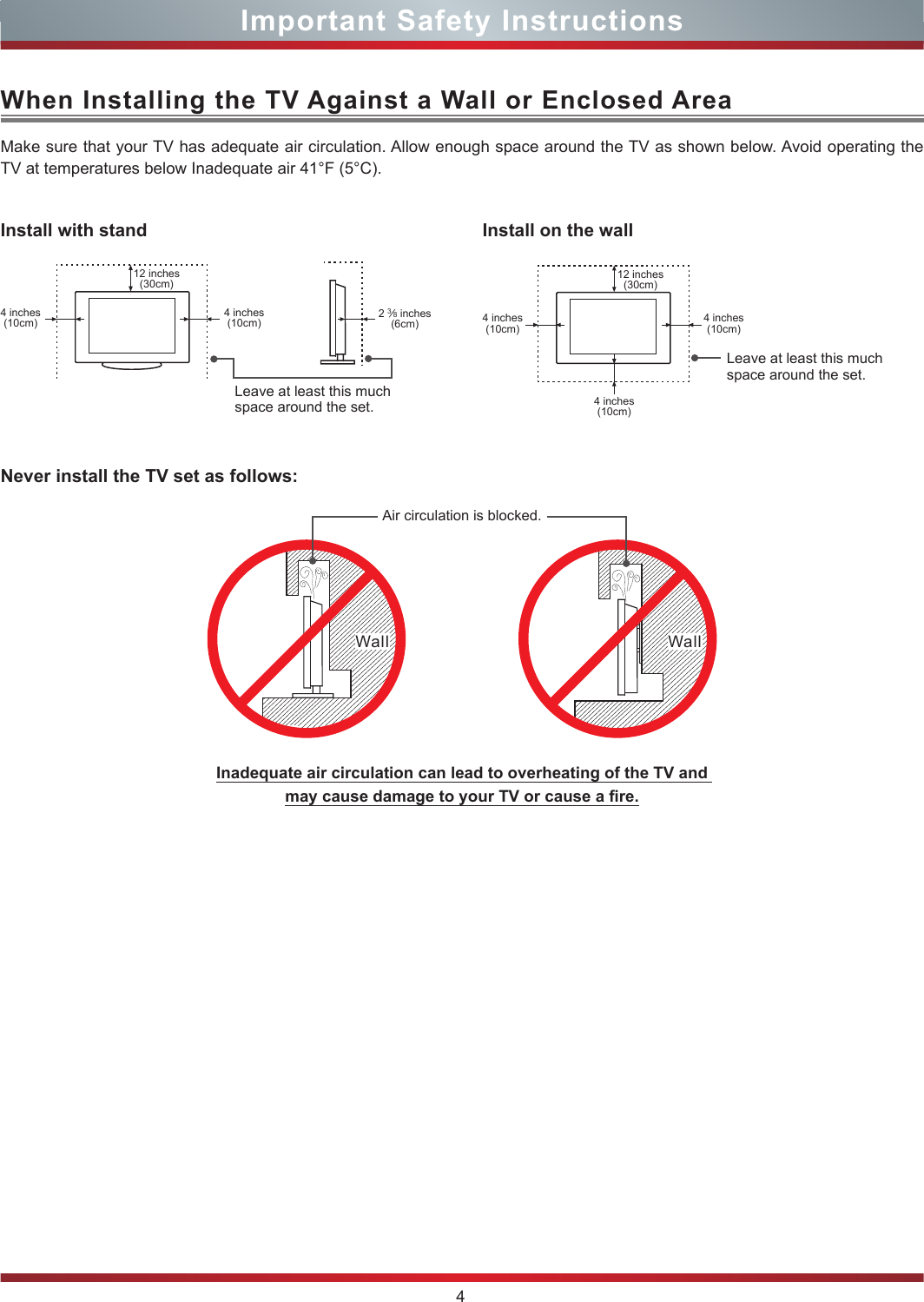 4Important Safety InstructionsWhen Installing the TV Against a Wall or Enclosed AreaInstall with standNever install the TV set as follows:Install on the wallMake sure that your TV has adequate air circulation. Allow enough space around the TV as shown below. Avoid operating the TV at temperatures below Inadequate air 41°F (5°C).Leave at least this much space around the set.Leave at least this much space around the set.4 inches(10cm)4 inches(10cm) 4 inches(10cm)4 inches(10cm)4 inches(10cm)2 3⁄8 inches(6cm)12 inches(30cm) 12 inches(30cm)Wall WallAir circulation is blocked.Inadequate air circulation can lead to overheating of the TV and  may cause damage to your TV or cause a re.