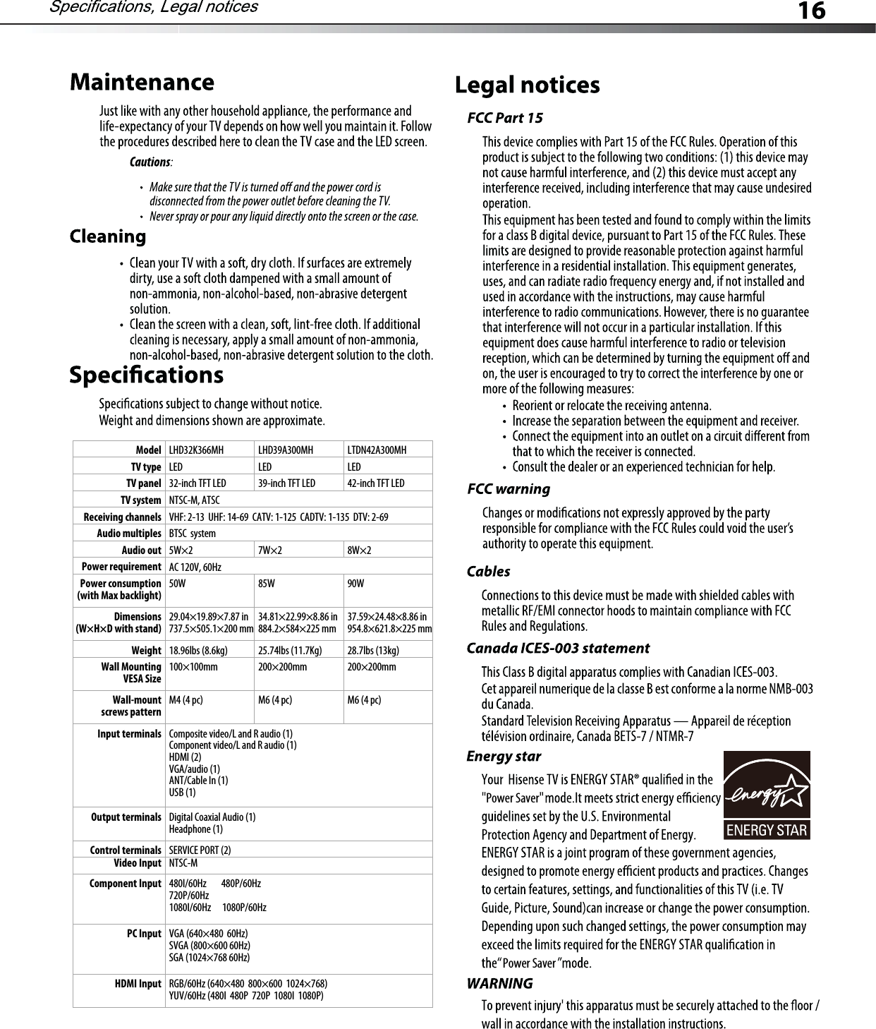 Power SaverPower SaverModelTV typeTV panelTV systemReceiving channelsAudio outPower requirementPower consumption(with Max backlight)WeightDimensions(W×H×D with stand)Wall Mounting VESA SizeInput terminalsOutput terminalsControl terminalsVideo InputComponent InputPC InputHDMI InputWall-mountscrews patternAudio multiplesLHD32K366MHLED LED LEDLHD39A300MH LTDN42A300MH39-inch TFT LED 42-inch TFT LED32-inch TFT LEDNTSC-M, ATSCBTSC  systemAC 120V, 60Hz50W18.96lbs (8.6kg) 25.74lbs (11.7Kg) 28.7lbs (13kg)100×100mmM4 (4 pc)200×200mmM6 (4 pc)200×200mmM6 (4 pc)Composite video/L and R audio (1)Component video/L and R audio (1)HDMI (2)VGA/audio (1)ANT/Cable In (1)USB (1)    480I/60Hz        480P/60Hz720P/60Hz1080I/60Hz      1080P/60HzVGA (640×480  60Hz)SVGA (800×600 60Hz)SGA (1024×768 60Hz)RGB/60Hz (640×480  800×600  1024×768)YUV/60Hz (480I  480P  720P  1080I  1080P)Digital Coaxial Audio (1)Headphone (1)SERVICE PORT (2)NTSC-M29.04×19.89×7.87 in737.5×505.1×200 mm34.81×22.99×8.86 in884.2×584×225 mm37.59×24.48×8.86 in954.8×621.8×225 mm85W 90W5W×2 7W×2 8W×2VHF: 2-13  UHF: 14-69  CATV: 1-125  CADTV: 1-135  DTV: 2-69