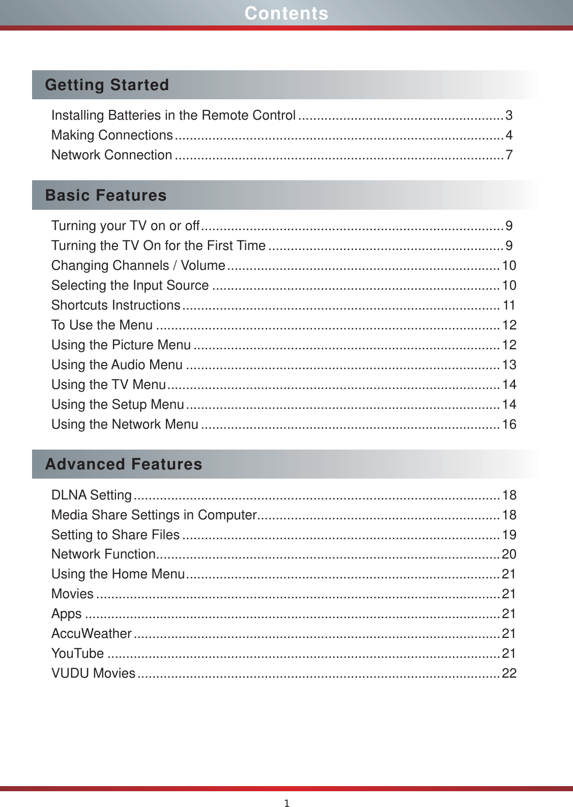 1ContentsGetting StartedInstalling Batteries in the Remote Control .......................................................3Making Connections ........................................................................................4Network Connection ........................................................................................7Basic FeaturesTurning your TV on or off .................................................................................9Turning the TV On for the First Time ...............................................................9Changing Channels / Volume .........................................................................10Selecting the Input Source .............................................................................10Shortcuts Instructions .....................................................................................11To Use the Menu ............................................................................................12Using the Picture Menu ..................................................................................12Using the Audio Menu ....................................................................................13Using the TV Menu .........................................................................................14Using the Setup Menu ....................................................................................14Using the Network Menu ................................................................................16Advanced FeaturesDLNA Setting ..................................................................................................18Media Share Settings in Computer.................................................................18Setting to Share Files .....................................................................................19Network Function............................................................................................20Using the Home Menu ....................................................................................21Movies ............................................................................................................21Apps ...............................................................................................................21AccuWeather ..................................................................................................21YouTube .........................................................................................................21VUDU Movies .................................................................................................22