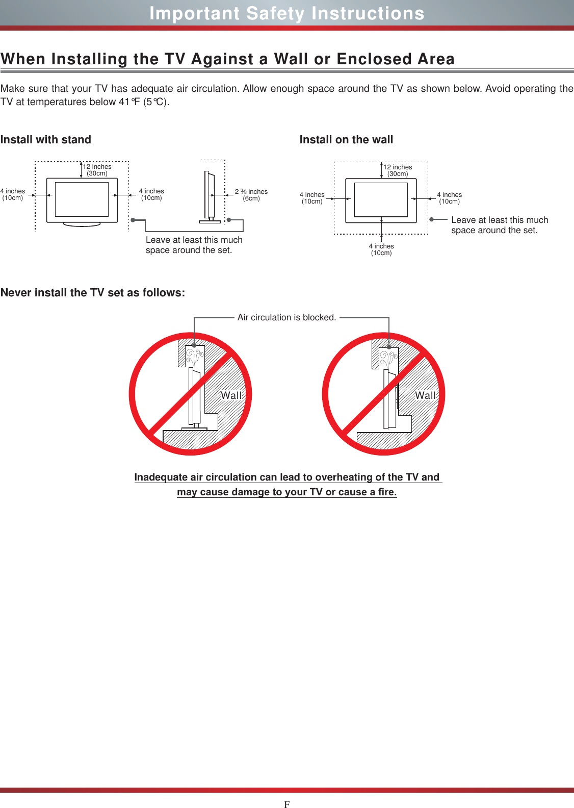 FImportant Safety InstructionsWhen Installing the TV Against a Wall or Enclosed AreaInstall with standNever install the TV set as follows:Install on the wallMake sure that your TV has adequate air circulation. Allow enough space around the TV as shown below. Avoid operating the TV at temperatures below 41°F (5°C).Leave at least this much space around the set.Leave at least this much space around the set.4 inches(10cm) 4 inches(10cm) 4 inches(10cm) 4 inches(10cm)4 inches(10cm)2 3»8 inches(6cm)12 inches(30cm) 12 inches(30cm)Wall WallAir circulation is blocked.Inadequate air circulation can lead to overheating of the TV and  PD\FDXVHGDPDJHWR\RXU79RUFDXVHD¿UH