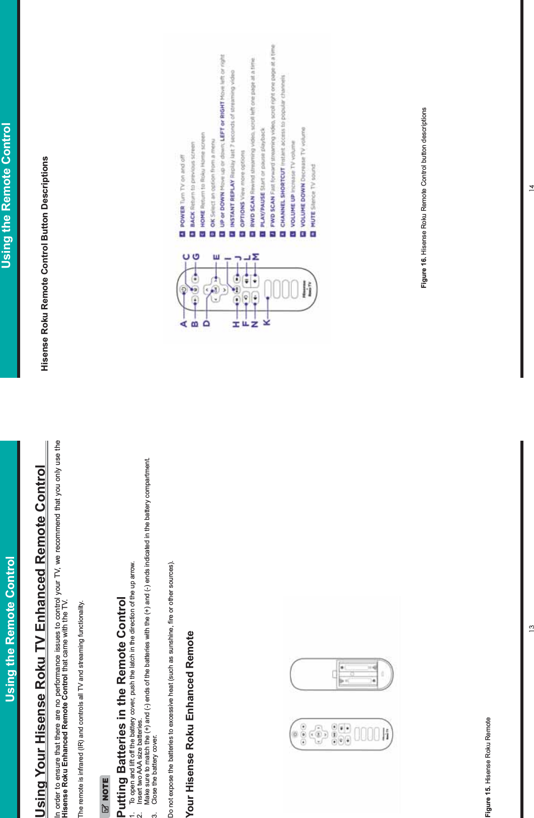 13 14Using the Remote ControlIn order to ensure that there are no performance issues to control your TV, we recommend that you only use the Hisense Roku Enhanced Remote Control that came with the TV.The remote is infrared (IR) and controls all TV and streaming functionality.NOTEUsing Your Hisense Roku TV Enhanced Remote ControlPutting Batteries in the Remote Control1. To open and lift off the battery cover, push the latch in the direction of the up arrow.2. Insert two AAA size batteries.        Make sure to match the (+) and (-) ends of the batteries with the (+) and (-) ends indicated in the battery compartment.3. Close the battery cover.Do not expose the batteries to excessive heat (such as sunshine, fire or other sources).Your Hisense Roku Enhanced Remote Hisense Roku Remote Control Button DescriptionsUsing the Remote ControlFigure 15. Hisense Roku RemoteFigure 16. Hisense Roku Remote Control button descriptions
