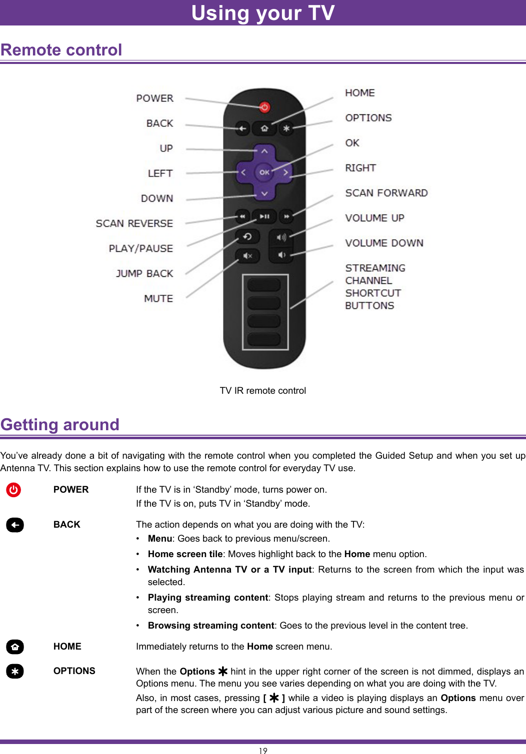 19Remote control TV IR remote controlGetting around You’ve already done a bit of navigating with the remote control when you completed the Guided Setup and when you set up Antenna TV. This section explains how to use the remote control for everyday TV use.POWER If the TV is in ‘Standby’ mode, turns power on.If the TV is on, puts TV in ‘Standby’ mode.BACK The action depends on what you are doing with the TV:• Menu: Goes back to previous menu/screen.• Home screen tile: Moves highlight back to the Home menu option.• Watching Antenna TV or a TV input: Returns to the screen from which the input was selected.• Playing streaming content: Stops playing stream and returns to the previous menu or screen.• Browsing streaming content: Goes to the previous level in the content tree.HOME Immediately returns to the Home screen menu.OPTIONS When the Options   hint in the upper right corner of the screen is not dimmed, displays an Options menu. The menu you see varies depending on what you are doing with the TV.Also, in most cases, pressing [   ] while a video is playing displays an Options menu over part of the screen where you can adjust various picture and sound settings.Using your TV