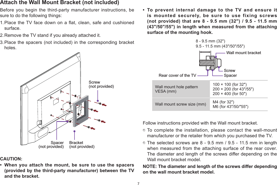 7Attach the Wall Mount Bracket (not included)Before you begin the third-party manufacturer instructions, be sure to do the following things:1. Place the TV face down on a flat, clean, safe and cushioned surface. 2. Remove the TV stand if you already attached it. 3. Place the spacers (not included) in the corresponding bracket holes. CAUTION:• Whenyouattachthemount,besuretousethespacers(provided by the third-party manufacturer) between the TV and the bracket.• Topreventinternal damagetotheTVandensureitismountedsecurely,besuretousefixingscrews(not provided) that are 8 - 9.5 mm (32&quot;) / 9.5 - 11.5 mm (43&quot;/50&quot;/55&quot;) in length when measured from the attaching surface of the mounting hook.9.5 - 11.5 mm (43&quot;/50&quot;/55″)8 - 9.5 mm (32&quot;)Wall mount hole pattern VESA (mm)100 × 100 (for 32″)200 × 200 (for 43″/55″)200 × 400 (for 50″)Wall mount screw size (mm) M4 (for 32″)M6 (for 43″/50/″55″)Follow instructions provided with the Wall mount bracket.  To complete the installation, please contact the wall-mount manufacturer or the retailer from which you purchased the TV.  The selected screws are 8 - 9.5 mm / 9.5 - 11.5 mm in length when measured from the attaching surface of the rear cover. The diameter and length of the screws differ depending on the Wall mount bracket model.NOTE: The diameter and length of the screws differ depending on the wall mount bracket model.Screw (not provided)Bracket (not provided)Spacer (not provided)Rear cover of the TV SpacerScrewWall mount bracket