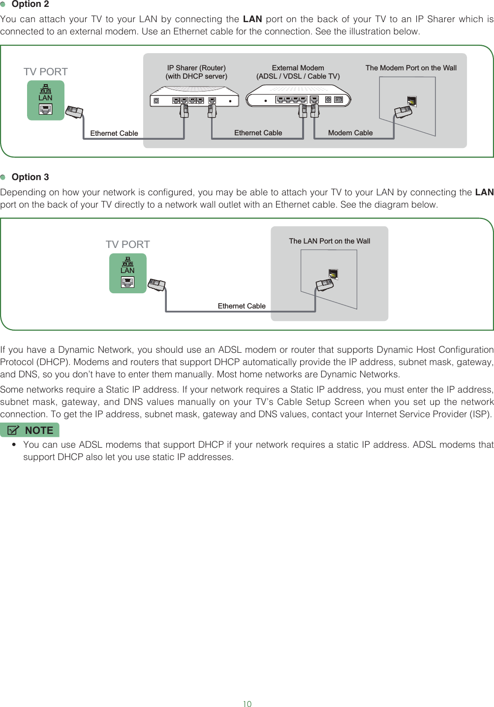 10 Option 2You can attach your TV to your LAN by connecting the LAN port on the back of your TV to an IP Sharer which is connected to an external modem. Use an Ethernet cable for the connection. See the illustration below. Option 3Depending on how your network is configured, you may be able to attach your TV to your LAN by connecting the LAN port on the back of your TV directly to a network wall outlet with an Ethernet cable. See the diagram below. If you have a Dynamic Network, you should use an ADSL modem or router that supports Dynamic Host Configuration Protocol (DHCP). Modems and routers that support DHCP automatically provide the IP address, subnet mask, gateway, and DNS, so you don’t have to enter them manually. Most home networks are Dynamic Networks.Some networks require a Static IP address. If your network requires a Static IP address, you must enter the IP address, subnet mask, gateway, and DNS values manually on your TV’s Cable Setup Screen when you set up the network connection. To get the IP address, subnet mask, gateway and DNS values, contact your Internet Service Provider (ISP).NOTE• You can use ADSL modems that support DHCP if your network requires a static IP address. ADSL modems that support DHCP also let you use static IP addresses.External Modem(ADSL / VDSL / Cable TV)  The Modem Port on the WallModem Cable LANTV PORT IP Sharer (Router)(with DHCP server) Ethernet CableEthernet Cable The LAN Port on the WallEthernet Cable LANTV PORT