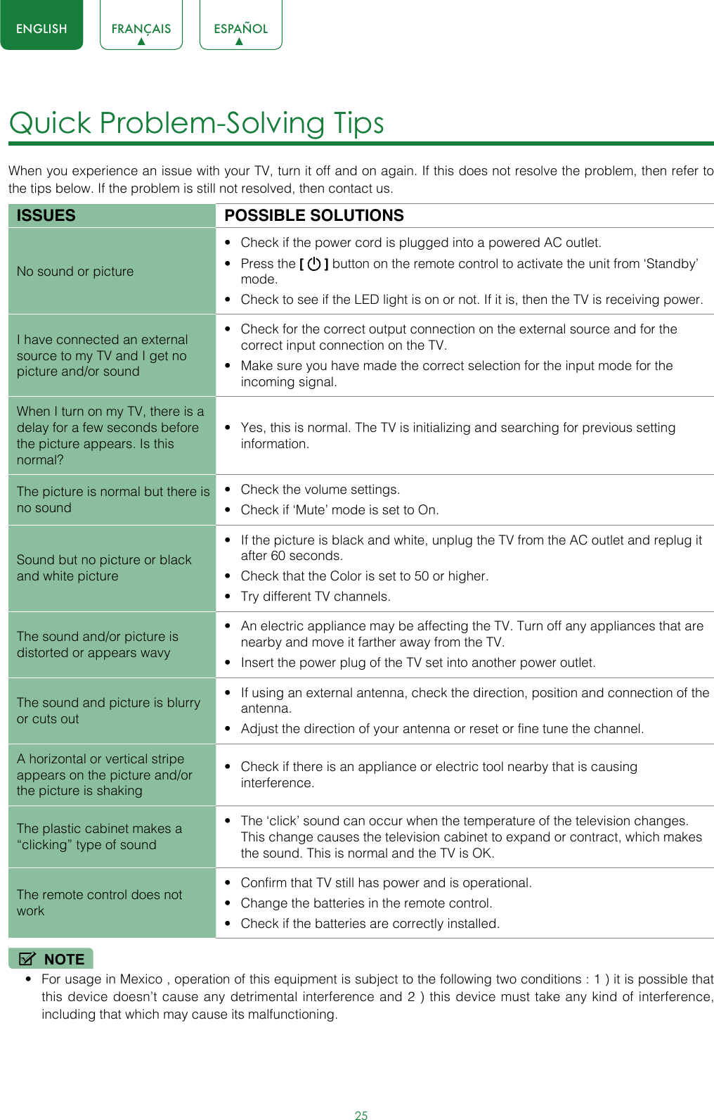 25ENGLISH FRANÇAIS ESPAÑOLQuick Problem-Solving Tips When you experience an issue with your TV, turn it off and on again. If this does not resolve the problem, then refer to the tips below. If the problem is still not resolved, then contact us. ISSUES POSSIBLE SOLUTIONSNo sound or picture• Check if the power cord is plugged into a powered AC outlet.• Press the [   ] button on the remote control to activate the unit from ‘Standby’ mode.• Check to see if the LED light is on or not. If it is, then the TV is receiving power.I have connected an external source to my TV and I get no picture and/or sound• Check for the correct output connection on the external source and for the correct input connection on the TV.• Make sure you have made the correct selection for the input mode for the incoming signal.When I turn on my TV, there is a delay for a few seconds before the picture appears. Is this normal?• Yes, this is normal. The TV is initializing and searching for previous setting information.The picture is normal but there is no sound• Check the volume settings.• Check if ‘Mute’ mode is set to On.Sound but no picture or black and white picture• If the picture is black and white, unplug the TV from the AC outlet and replug it after 60 seconds.• Check that the Color is set to 50 or higher. • Try different TV channels.The sound and/or picture is distorted or appears wavy• An electric appliance may be affecting the TV. Turn off any appliances that are nearby and move it farther away from the TV.• Insert the power plug of the TV set into another power outlet.The sound and picture is blurry or cuts out• If using an external antenna, check the direction, position and connection of the antenna.• Adjust the direction of your antenna or reset or fine tune the channel.A horizontal or vertical stripe appears on the picture and/or the picture is shaking• Check if there is an appliance or electric tool nearby that is causing interference.The plastic cabinet makes a “clicking” type of sound• The ‘click’ sound can occur when the temperature of the television changes. This change causes the television cabinet to expand or contract, which makes the sound. This is normal and the TV is OK.The remote control does not work• Confirm that TV still has power and is operational.• Change the batteries in the remote control.• Check if the batteries are correctly installed.NOTE• For usage in Mexico , operation of this equipment is subject to the following two conditions : 1 ) it is possible that this device doesn’t cause any detrimental interference and 2 ) this device must take any kind of interference, including that which may cause its malfunctioning.