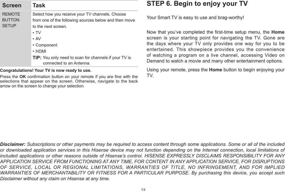 13Screen  TaskREMOTE BUTTON SETUPSelect how you receive your TV channels. Choosefrom one of the following sources below and then moveto the next screen.• TV• AV• Component• HDMITIP: You only need to scan for channels if your TV is  connected to an Antenna.Congratulations! Your TV is now ready to use.Press the OK conrmation button on your remote if you are ne with the selections that appear on the screen. Otherwise, navigate to the back arrow on the screen to change your selection.STEP 6. Begin to enjoy your TVYour Smart TV is easy to use and brag-worthy!Now that you’ve completed the first-time setup menu, the Home screen is your starting point for navigating the TV. Gone are the days where your TV only provides one way for you to be entertained. This showpiece provides you the convenience of watching a program on a live channel, accessing Video on Demand to watch a movie and many other entertainment options.Using your remote, press the Home button to begin enjoying your TV.Disclaimer: Subscriptions or other payments may be required to access content through some applications. Some or all of the included or downloaded application services in this Hisense device may not function depending on the Internet connection, local limitations of included applications or other reasons outside of Hisense’s control. HISENSE EXPRESSLY DISCLAIMS RESPONSIBILITY FOR ANY APPLICATION SERVICE FROM FUNCTIONING AT ANY TIME, FOR CONTENT IN ANY APPLICATION SERVICE, FOR DISRUPTIONS OF SERVICE, LOCAL OR REGIONAL LIMITATIONS, WARRANTIES OF TITLE, NO INFRINGEMENT, AND FOR IMPLIED WARRANTIES OF MERCHANTABILITY OR FITNESS FOR A PARTICULAR PURPOSE. By purchasing this device, you accept such Disclaimer without any claim on Hisense at any time.