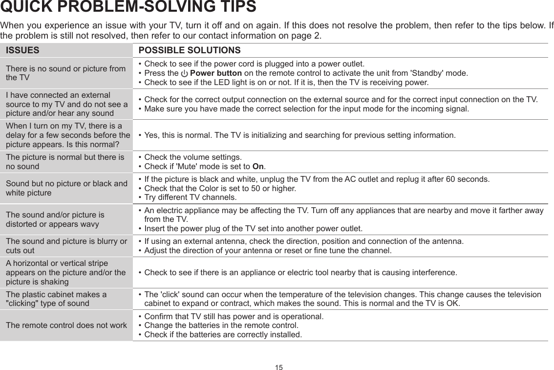 15QUICK PROBLEM-SOLVING TIPSWhen you experience an issue with your TV, turn it off and on again. If this does not resolve the problem, then refer to the tips below. If the problem is still not resolved, then refer to our contact information on page 2.ISSUES POSSIBLE SOLUTIONSThere is no sound or picture from the TV• Check to see if the power cord is plugged into a power outlet.• Press the   Power button on the remote control to activate the unit from &apos;Standby&apos; mode.• Check to see if the LED light is on or not. If it is, then the TV is receiving power.I have connected an external source to my TV and do not see a picture and/or hear any sound• Check for the correct output connection on the external source and for the correct input connection on the TV.• Make sure you have made the correct selection for the input mode for the incoming signal.When I turn on my TV, there is a delay for a few seconds before the picture appears. Is this normal?• Yes, this is normal. The TV is initializing and searching for previous setting information.The picture is normal but there is no sound• Check the volume settings.• Check if &apos;Mute&apos; mode is set to On.Sound but no picture or black and white picture• If the picture is black and white, unplug the TV from the AC outlet and replug it after 60 seconds.• Check that the Color is set to 50 or higher. • Try different TV channels.The sound and/or picture is distorted or appears wavy• An electric appliance may be affecting the TV. Turn off any appliances that are nearby and move it farther away from the TV.• Insert the power plug of the TV set into another power outlet.The sound and picture is blurry or cuts out• If using an external antenna, check the direction, position and connection of the antenna.• Adjust the direction of your antenna or reset or ne tune the channel.A horizontal or vertical stripe appears on the picture and/or the picture is shaking• Check to see if there is an appliance or electric tool nearby that is causing interference. The plastic cabinet makes a &quot;clicking&quot; type of sound• The &apos;click&apos; sound can occur when the temperature of the television changes. This change causes the television cabinet to expand or contract, which makes the sound. This is normal and the TV is OK.The remote control does not work• Conrm that TV still has power and is operational.• Change the batteries in the remote control.• Check if the batteries are correctly installed.