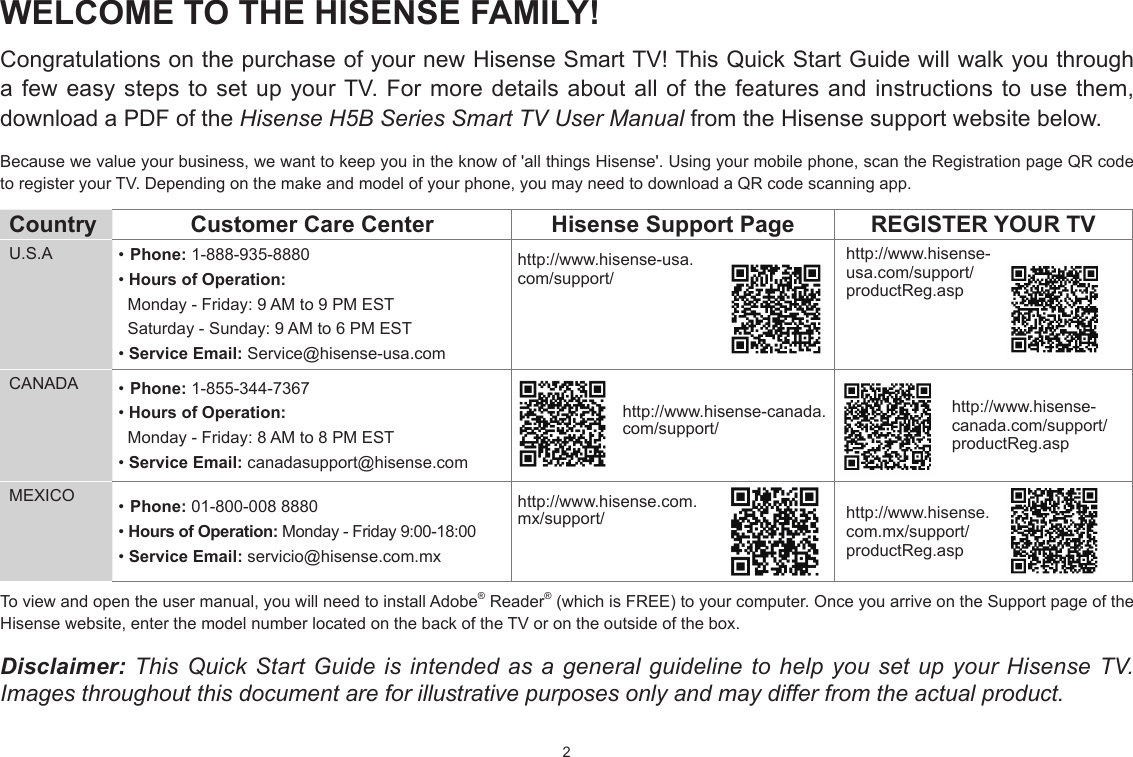 2WELCOME TO THE HISENSE FAMILY!Congratulations on the purchase of your new Hisense Smart TV! This Quick Start Guide will walk you through a few easy steps to set up your TV. For more details about all of the features and instructions to use them, download a PDF of the Hisense H5B Series Smart TV User Manual from the Hisense support website below.Because we value your business, we want to keep you in the know of &apos;all things Hisense&apos;. Using your mobile phone, scan the Registration page QR code to register your TV. Depending on the make and model of your phone, you may need to download a QR code scanning app.Country  Customer Care Center Hisense Support Page REGISTER YOUR TVU.S.A • Phone: 1-888-935-8880• Hours of Operation:  Monday - Friday: 9 AM to 9 PM EST  Saturday - Sunday: 9 AM to 6 PM EST• Service Email: Service@hisense-usa.comhttp://www.hisense-usa.com/support/http://www.hisense-usa.com/support/productReg.aspCANADA • Phone: 1-855-344-7367• Hours of Operation:  Monday - Friday: 8 AM to 8 PM EST• Service Email: canadasupport@hisense.comhttp://www.hisense-canada.com/support/http://www.hisense-canada.com/support/productReg.aspMEXICO • Phone: 01-800-008 8880• Hours of Operation: Monday - Friday 9:00-18:00• Service Email: servicio@hisense.com.mxhttp://www.hisense.com.mx/support/ http://www.hisense.com.mx/support/productReg.aspTo view and open the user manual, you will need to install Adobe® Reader® (which is FREE) to your computer. Once you arrive on the Support page of the Hisense website, enter the model number located on the back of the TV or on the outside of the box.Disclaimer: This Quick Start Guide is intended as a general guideline to help you set up your Hisense TV. Images throughout this document are for illustrative purposes only and may differ from the actual product.