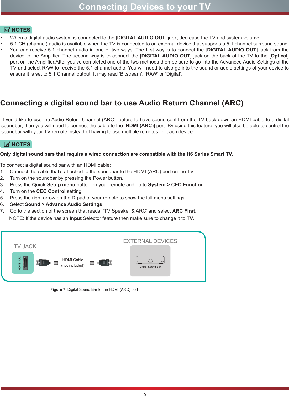 6Connecting Devices to your TVConnecting a digital sound bar to use Audio Return Channel (ARC)If you&apos;d like to use the Audio Return Channel (ARC) feature to have sound sent from the TV back down an HDMI cable to a digital soundbar, then you will need to connect the cable to the [HDMI (ARC)] port. By using this feature, you will also be able to control the soundbar with your TV remote instead of having to use multiple remotes for each device. • When a digital audio system is connected to the [DIGITAL AUDIO OUT] jack, decrease the TV and system volume. • 5.1 CH (channel) audio is available when the TV is connected to an external device that supports a 5.1 channel surround sound • You can receive 5.1 channel audio in one of two ways. The first way is to connect the [DIGITAL AUDIO OUT] jack from the device to the Amplifier. The second way is to connect the [DIGITAL AUDIO OUT] jack on the back of the TV to the [Optical] port on the Amplifier.After you’ve completed one of the two methods then be sure to go into the Advanced Audio Settings of the TV and select RAW to receive the 5.1 channel audio. You will need to also go into the sound or audio settings of your device to ensure it is set to 5.1 Channel output. It may read ‘Bitstream’, ‘RAW’ or ‘Digital’.Only digital sound bars that require a wired connection are compatible with the H6 Series Smart TV.To connect a digital sound bar with an HDMI cable:1.  Connect the cable that’s attached to the soundbar to the HDMI (ARC) port on the TV.2.  Turn on the soundbar by pressing the Power button.3.  Press the Quick Setup menu button on your remote and go to System &gt; CEC Function4.  Turn on the CEC Control setting.5.  Press the right arrow on the D-pad of your remote to show the full menu settings.6.  Select Sound &gt; Advance Audio Settings 7.  Go to the section of the screen that reads  ‘TV Speaker &amp; ARC’ and select ARC First.Figure 7. Digital Sound Bar to the HDMI (ARC) port NOTESNOTESEXTERNAL DEVICESDigital Sound BarHDMI / ARCTV JACKHDMI Cable (not included)NOTE: If the device has an Input Selector feature then make sure to change it to TV.