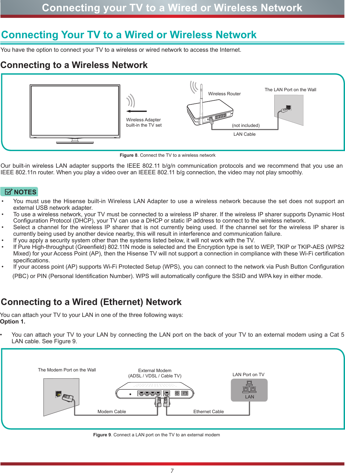 7Connecting your TV to a Wired or Wireless NetworkWireless Adapter built-in the TV setLAN CableWireless Router The LAN Port on the WallConnecting Your TV to a Wired or Wireless NetworkConnecting to a Wired (Ethernet) NetworkYou have the option to connect your TV to a wireless or wired network to access the Internet. You can attach your TV to your LAN in one of the three following ways:Option 1.• You can attach your TV to your LAN by connecting the LAN port on the back of your TV to an external modem using a Cat 5 LAN cable. See Figure 9.(PBC) or PIN (Personal Identification Number). WPS will automatically configure the SSID and WPA key in either mode.Our built-in wireless LAN adapter supports the IEEE 802.11 b/g/n communication protocols and we recommend that you use an IEEE 802.11n router. When you play a video over an IEEEE 802.11 b/g connection, the video may not play smoothly.• You must use the Hisense built-in Wireless LAN Adapter to use a wireless network because the set does not support an external USB network adapter.• To use a wireless network, your TV must be connected to a wireless IP sharer. If the wireless IP sharer supports Dynamic Host Configuration Protocol (DHCP), your TV can use a DHCP or static IP address to connect to the wireless network.• Select a channel for the wireless IP sharer that is not currently being used. If the channel set for the wireless IP sharer is currently being used by another device nearby, this will result in interference and communication failure.• If you apply a security system other than the systems listed below, it will not work with the TV.• If Pure High-throughput (Greenfield) 802.11N mode is selected and the Encryption type is set to WEP, TKIP or TKIP-AES (WPS2 Mixed) for your Access Point (AP), then the Hisense TV will not support a connection in compliance with these Wi-Fi certification specifications.• If your access point (AP) supports Wi-Fi Protected Setup (WPS), you can connect to the network via Push Button Configuration Figure 8. Connect the TV to a wireless networkFigure 9. Connect a LAN port on the TV to an external modemConnecting to a Wireless Network(not included)NOTESExternal Modem(ADSL / VDSL / Cable TV) Ethernet Cable Modem Cable The Modem Port on the WallLAN Port on TVLAN