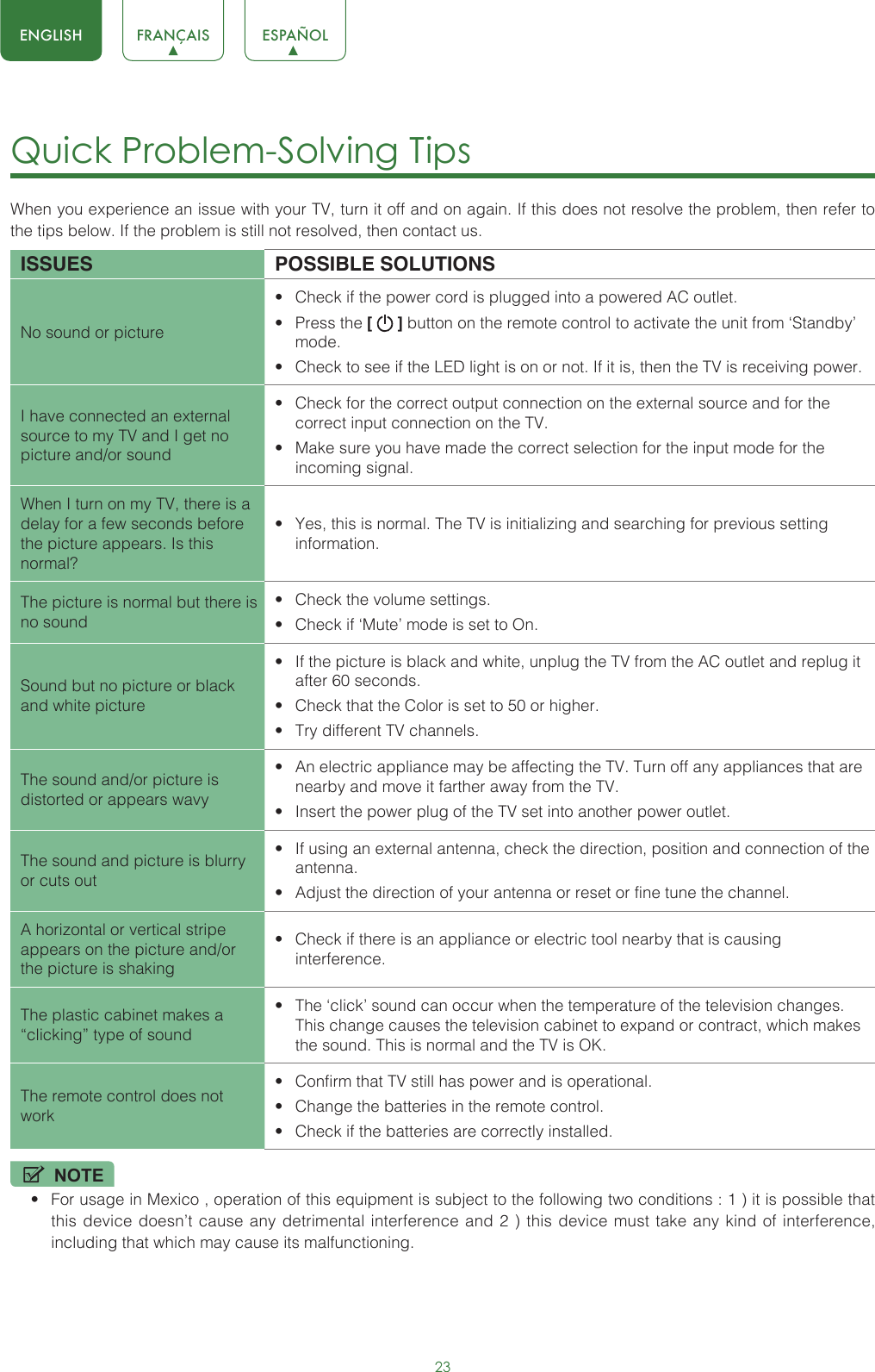 23ENGLISH FRANÇAIS ESPAÑOLQuick Problem-Solving Tips When you experience an issue with your TV, turn it off and on again. If this does not resolve the problem, then refer to the tips below. If the problem is still not resolved, then contact us. ISSUES POSSIBLE SOLUTIONSNo sound or picture• Check if the power cord is plugged into a powered AC outlet.• Press the [   ] button on the remote control to activate the unit from ‘Standby’ mode.• Check to see if the LED light is on or not. If it is, then the TV is receiving power.I have connected an external source to my TV and I get no picture and/or sound• Check for the correct output connection on the external source and for the correct input connection on the TV.• Make sure you have made the correct selection for the input mode for the incoming signal.When I turn on my TV, there is a delay for a few seconds before the picture appears. Is this normal?• Yes, this is normal. The TV is initializing and searching for previous setting information.The picture is normal but there is no sound• Check the volume settings.• Check if ‘Mute’ mode is set to On.Sound but no picture or black and white picture• If the picture is black and white, unplug the TV from the AC outlet and replug it after 60 seconds.• Check that the Color is set to 50 or higher. • Try different TV channels.The sound and/or picture is distorted or appears wavy• An electric appliance may be affecting the TV. Turn off any appliances that are nearby and move it farther away from the TV.• Insert the power plug of the TV set into another power outlet.The sound and picture is blurry or cuts out• If using an external antenna, check the direction, position and connection of the antenna.• Adjust the direction of your antenna or reset or fine tune the channel.A horizontal or vertical stripe appears on the picture and/or the picture is shaking• Check if there is an appliance or electric tool nearby that is causing interference.The plastic cabinet makes a “clicking” type of sound• The ‘click’ sound can occur when the temperature of the television changes. This change causes the television cabinet to expand or contract, which makes the sound. This is normal and the TV is OK.The remote control does not work• Confirm that TV still has power and is operational.• Change the batteries in the remote control.• Check if the batteries are correctly installed.NOTE• For usage in Mexico , operation of this equipment is subject to the following two conditions : 1 ) it is possible that this device doesn’t cause any detrimental interference and 2 ) this device must take any kind of interference, including that which may cause its malfunctioning.