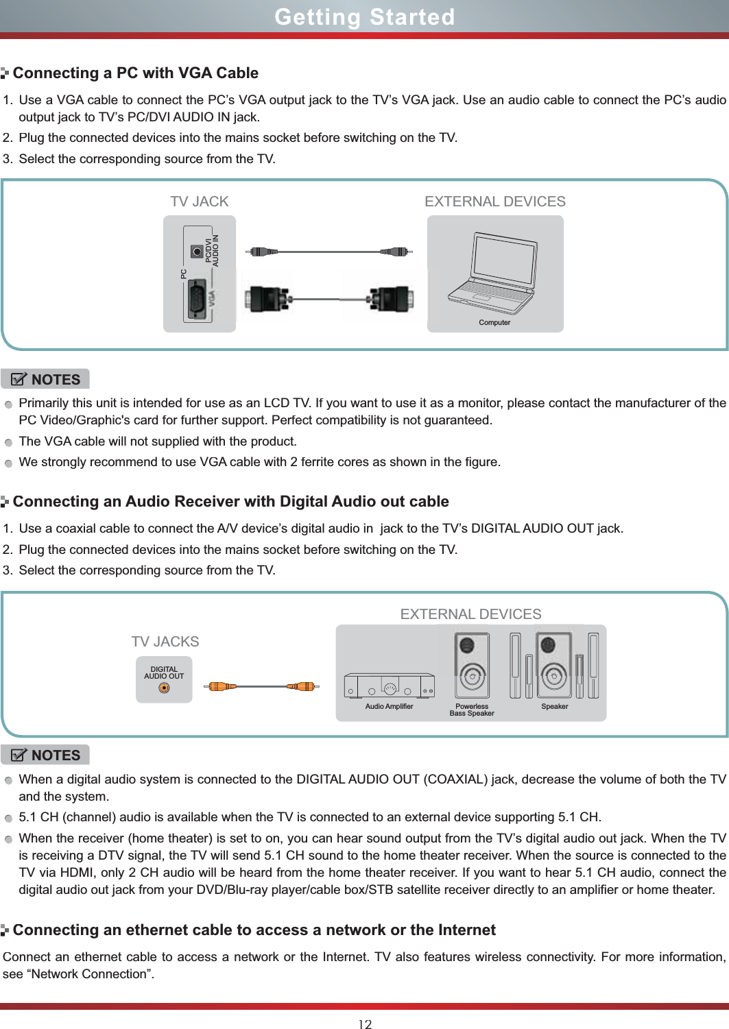 12Getting StartedConnecting a PC with VGA CableConnecting an Audio Receiver with Digital Audio out cable1.Use a VGA cable to connect the PC’s VGA output jack to the TV’s VGA jack. Use an audio cable to connect the PC’s audio output jack to TV’s PC/DVI AUDIO IN jack. 2.Plug the connected devices into the mains socket before switching on the TV. 3.Select the corresponding source from the TV. 1.Use a coaxial cable to connect the A/V device’s digital audio in  jack to the TV’s DIGITAL AUDIO OUT jack.2.Plug the connected devices into the mains socket before switching on the TV.3.Select the corresponding source from the TV. NOTESPrimarily this unit is intended for use as an LCD TV. If you want to use it as a monitor, please contact the manufacturer of the PC Video/Graphic&apos;s card for further support. Perfect compatibility is not guaranteed.The VGA cable will not supplied with the product. We strongly recommend to use VGA cable with 2 ferrite cores as shown in the figure.NOTESWhen a digital audio system is connected to the DIGITAL AUDIO OUT (COAXIAL) jack, decrease the volume of both the TV and the system. 5.1 CH (channel) audio is available when the TV is connected to an external device supporting 5.1 CH.When the receiver (home theater) is set to on, you can hear sound output from the TV’s digital audio out jack. When the TV is receiving a DTV signal, the TV will send 5.1 CH sound to the home theater receiver. When the source is connected to the TV via HDMI, only 2 CH audio will be heard from the home theater receiver. If you want to hear 5.1 CH audio, connect the digital audio out jack from your DVD/Blu-ray player/cable box/STB satellite receiver directly to an amplifier or home theater.TV JACKSEXTERNAL DEVICESPowerlessBass SpeakerSpeaker$XGLR$PSOL¿HUDIGITALAUDIO OUTConnecting an ethernet cable to access a network or the InternetConnect an ethernet cable to access a network or the Internet. TV also features wireless connectivity. For more information, see “Network Connection”.EXTERNAL DEVICESComputerTV JACKPCPC/DVIAUDIO IN