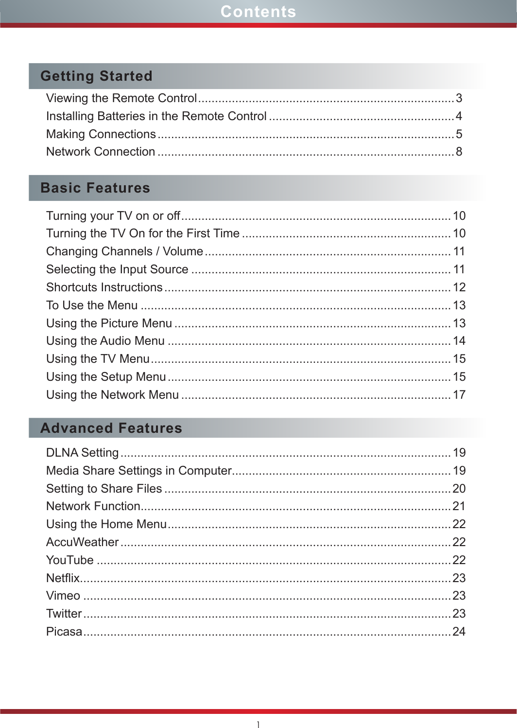 1ContentsGetting StartedViewing the Remote Control ............................................................................ 3Installing Batteries in the Remote Control .......................................................4Making Connections ........................................................................................ 5Network Connection ........................................................................................8Basic FeaturesTurning your TV on or off ................................................................................10Turning the TV On for the First Time .............................................................. 10Changing Channels / Volume ......................................................................... 11Selecting the Input Source ............................................................................. 11Shortcuts Instructions ..................................................................................... 12To Use the Menu ............................................................................................13Using the Picture Menu ..................................................................................13Using the Audio Menu ....................................................................................14Using the TV Menu ......................................................................................... 15Using the Setup Menu .................................................................................... 15Using the Network Menu ................................................................................17Advanced FeaturesDLNA Setting .................................................................................................. 19Media Share Settings in Computer.................................................................19Setting to Share Files .....................................................................................20Network Function............................................................................................21Using the Home Menu ....................................................................................22AccuWeather ..................................................................................................22YouTube .........................................................................................................22Netflix..............................................................................................................23Vimeo .............................................................................................................23Twitter .............................................................................................................23Picasa .............................................................................................................24