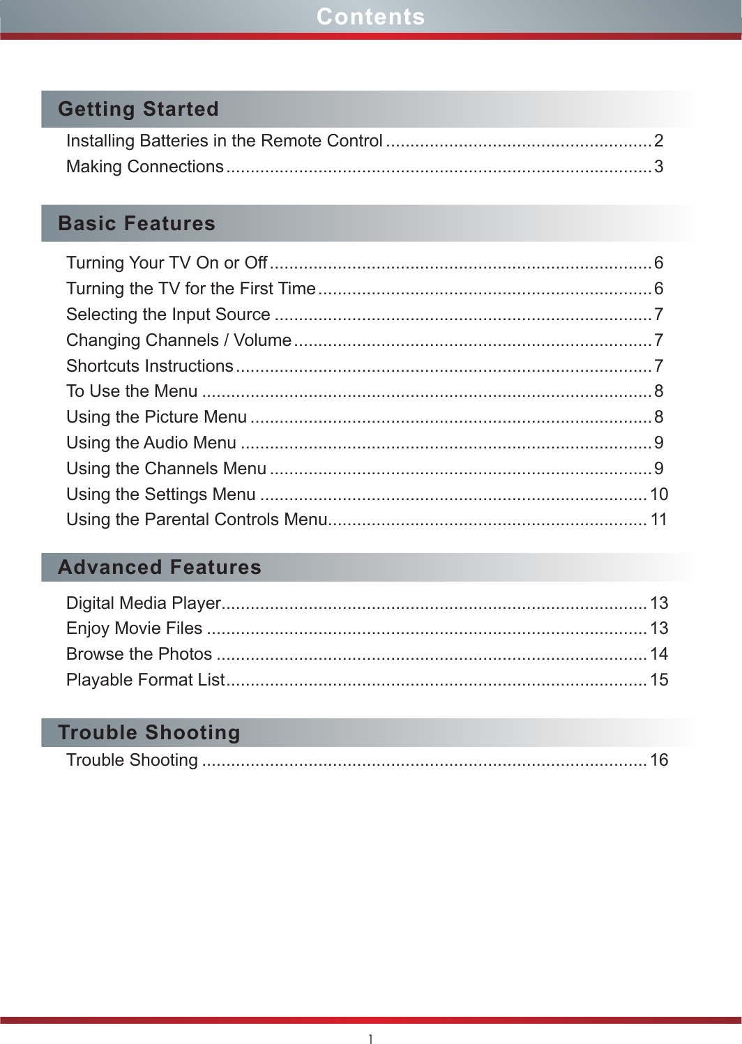 1ContentsGetting StartedInstalling Batteries in the Remote Control .......................................................2Making Connections ........................................................................................ 3Basic FeaturesTurning Your TV On or Off ...............................................................................6Turning the TV for the First Time ..................................................................... 6Selecting the Input Source ..............................................................................7Changing Channels / Volume .......................................................................... 7Shortcuts Instructions ...................................................................................... 7To Use the Menu .............................................................................................8Using the Picture Menu ...................................................................................8Using the Audio Menu .....................................................................................9Using the Channels Menu ...............................................................................9Using the Settings Menu ................................................................................10Using the Parental Controls Menu.................................................................. 11Advanced FeaturesDigital Media Player........................................................................................13Enjoy Movie Files ...........................................................................................13Browse the Photos .........................................................................................14Playable Format List .......................................................................................15Trouble ShootingTrouble Shooting ............................................................................................16