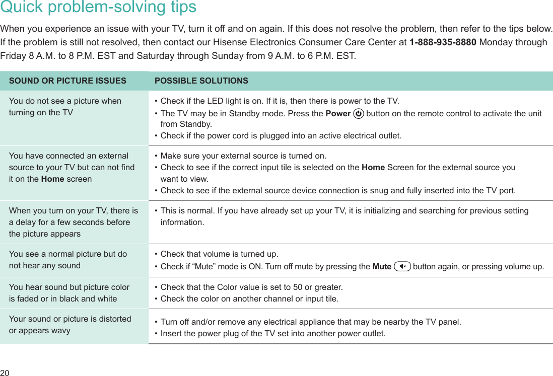 20Quick problem-solving tips When you experience an issue with your TV, turn it off and on again. If this does not resolve the problem, then refer to the tips below. If the problem is still not resolved, then contact our Hisense Electronics Consumer Care Center at 1-888-935-8880 Monday through Friday 8 A.M. to 8 P.M. EST and Saturday through Sunday from 9 A.M. to 6 P.M. EST.  SOUND OR PICTURE ISSUES POSSIBLE SOLUTIONSYou do not see a picture when turning on the TV• Check if the LED light is on. If it is, then there is power to the TV.• The TV may be in Standby mode. Press the Power   button on the remote control to activate the unit from Standby.• Check if the power cord is plugged into an active electrical outlet.You have connected an external source to your TV but can not nd it on the Home screen• Make sure your external source is turned on.• Check to see if the correct input tile is selected on the Home Screen for the external source you  want to view.• Check to see if the external source device connection is snug and fully inserted into the TV port.When you turn on your TV, there is a delay for a few seconds before the picture appears• This is normal. If you have already set up your TV, it is initializing and searching for previous setting information.You see a normal picture but do  not hear any sound• Check that volume is turned up.• Check if “Mute” mode is ON. Turn off mute by pressing the Mute   button again, or pressing volume up.You hear sound but picture color  is faded or in black and white• Check that the Color value is set to 50 or greater. • Check the color on another channel or input tile.Your sound or picture is distorted or appears wavy• Turn off and/or remove any electrical appliance that may be nearby the TV panel.• Insert the power plug of the TV set into another power outlet.