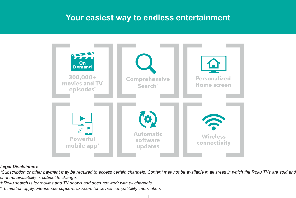 1Your easiest way to endless entertainmentLegal Disclaimers:*Subscription or other payment may be required to access certain channels. Content may not be available in all areas in which the Roku TVs are sold and channel availability is subject to change.† Roku search is for movies and TV shows and does not work with all channels.º  Limitation apply. Please see support.roku.com for device compatibility information.
