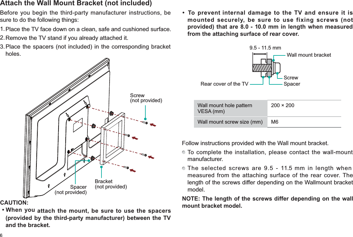 6Attach the Wall Mount Bracket (not included)Before you begin the third-party manufacturer instructions, be sure to do the following things:1. Remove the TV stand if you already attached it.2. Place the TV face down on a clean, safe and cushioned surface. 3. Place the spacers (not included) in the corresponding bracketholes.CAUTION:tWhen you attach the mount, be sure to use the spacers(provided by the third-party manufacturer) between the TVand the bracket.tTo prevent internal damage to the TV and ensure it ismounted securely, be sure to use fixing screws (notprovided) that are 8.0 - 10.0 mm in length when measuredfrom the attaching surface of rear cover.Rear cover of the TV SpacerScrewWall mount bracket9.5 - 11.5 mmWall mount hole pattern VESA (mm)200 × 200 Wall mount screw size (mm) M6Follow instructions provided with the Wall mount bracket.  To complete the installation, please contact the wall-mount manufacturer.  The selected screws are 9.5 - 11.5 mm in length when measured from the attaching surface of the rear cover. The  length of the screws differ depending on the Wallmount bracket model.NOTE: The length of the screws differ depending on the wall mount bracket model.Bracket (not provided)Spacer (not provided)Screw (not provided)