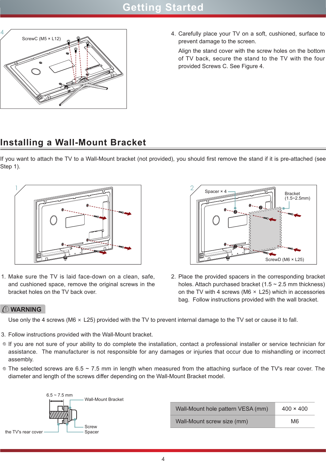 4Getting Started4ScrewC (M5 × L12)4. Carefully place your TV on a soft, cushioned, surface to prevent damage to the screen.Align the stand cover with the screw holes on the bottom of TV back, secure the stand to the TV with the four provided Screws C. See Figure 4.Installing a Wall-Mount BracketIf you want to attach the TV to a Wall-Mount bracket (not provided), you should first remove the stand if it is pre-attached (see Step 1).1. Make sure the TV is laid face-down on a clean, safe, and cushioned space, remove the original screws in the bracket holes on the TV back over.3. Follow instructions provided with the Wall-Mount bracket.If you are not sure of your ability to do complete the installation, contact a professional installer or service technician for assistance.  The manufacturer is not responsible for any damages or injuries that occur due to mishandling or incorrect assembly.The selected screws are 6.5 ~ 7.5 mm in length when measured from the attaching surface of the TV&apos;s rear cover. The diameter and length of the screws differ depending on the Wall-Mount Bracket model.2. Place the provided spacers in the corresponding bracket  holes. Attach purchased bracket (1.5 ~ 2.5 mm thickness) on the TV with 4 screws (M6 × L25) which in accessories bag.  Follow instructions provided with the wall bracket.1WARNINGUse only the 4 screws (M6 × L25) provided with the TV to prevent internal damage to the TV set or cause it to fall.Wall-Mount Bracket6.5 ~ 7.5 mmScrewSpacerthe TV&apos;s rear coverWall-Mount hole pattern VESA (mm) 400 × 400Wall-Mount screw size (mm) M6ScrewD (M6 × L25)2Spacer × 4 Bracket  (1.5~2.5mm)