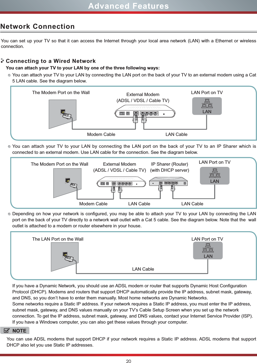 20Advanced FeaturesNetwork ConnectionYou can set up your TV so that it can access the Internet through your local area network (LAN) with a Ethernet or wireless connection. Connecting to a Wired Network    You can attach your TV to your LAN by one of the three following ways:You can attach your TV to your LAN by connecting the LAN port on the back of your TV to an external modem using a Cat 5 LAN cable. See the diagram below.  You can attach your TV to your LAN by connecting the LAN port on the back of your TV to an IP Sharer which is connected to an external modem. Use LAN cable for the connection. See the diagram below. Depending on how your network is configured, you may be able to attach your TV to your LAN by connecting the LAN port on the back of your TV directly to a network wall outlet with a Cat 5 cable. See the diagram below. Note that the  wall outlet is attached to a modem or router elsewhere in your house.If you have a Dynamic Network, you should use an ADSL modem or router that supports Dynamic Host Configuration Protocol (DHCP). Modems and routers that support DHCP automatically provide the IP address, subnet mask, gateway, and DNS, so you don’t have to enter them manually. Most home networks are Dynamic Networks.Some networks require a Static IP address. If your network requires a Static IP address, you must enter the IP address, subnet mask, gateway, and DNS values manually on your TV’s Cable Setup Screen when you set up the network connection. To get the IP address, subnet mask, gateway, and DNS values, contact your Internet Service Provider (ISP).If you have a Windows computer, you can also get these values through your computer. The Modem Port on the WallModem Cable LAN CableLAN Port on TVExternal Modem(ADSL / VDSL / Cable TV) LANThe Modem Port on the WallModem Cable LAN Cable LAN CableLAN Port on TVExternal Modem(ADSL / VDSL / Cable TV) IP Sharer (Router)(with DHCP server) LANThe LAN Port on the Wall LAN Port on TVLAN CableLANNOTEYou can use ADSL modems that support DHCP if your network requires a Static IP address. ADSL modems that support DHCP also let you use Static IP addresses. 