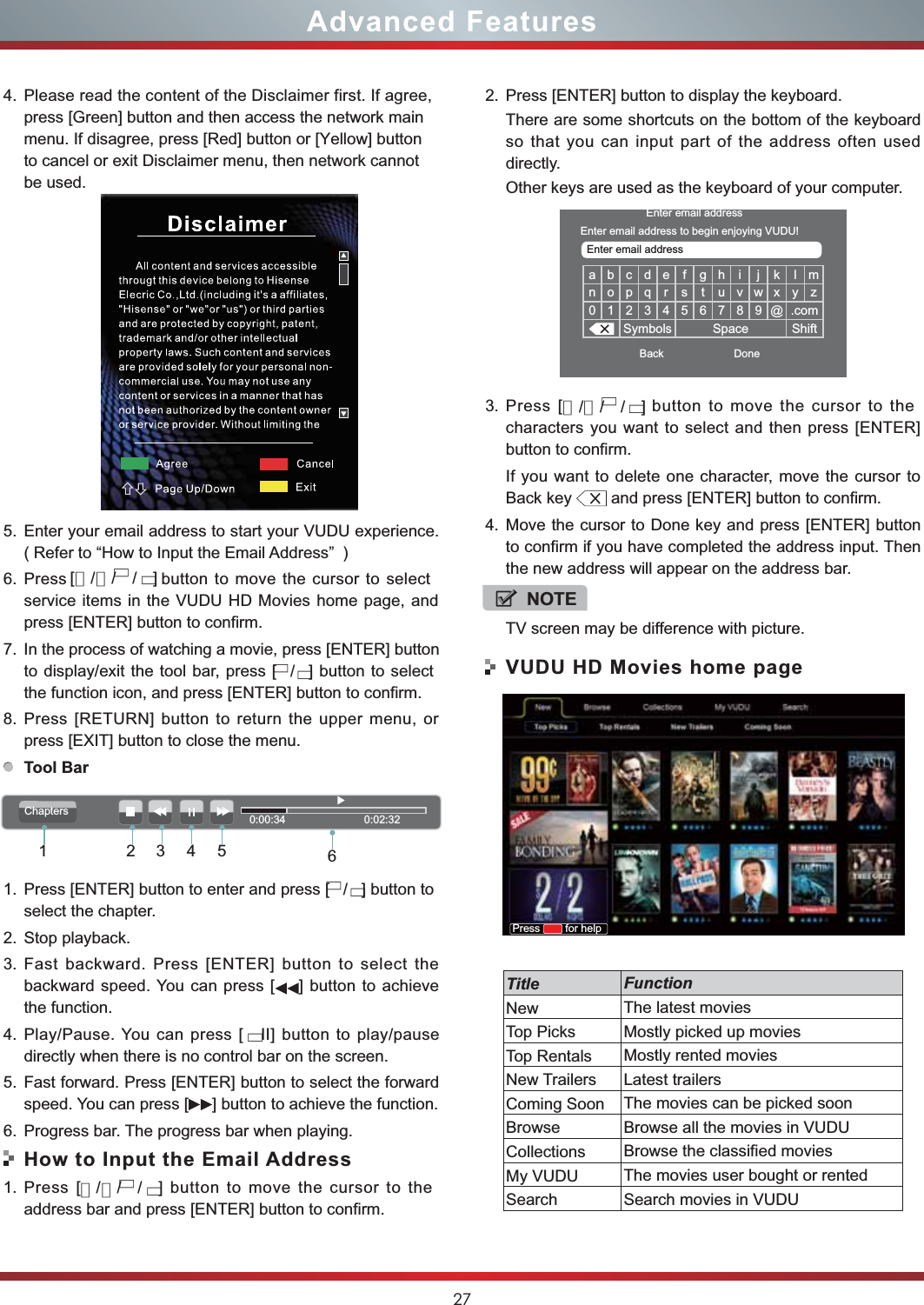 27Advanced Features4. Please read the content of the Disclaimer first. If agree,press [Green] button and then access the network mainmenu. If disagree, press [Red] button or [Yellow] buttonto cancel or exit Disclaimer menu, then network cannotbe used.5. Enter your email address to start your VUDU experience.  ( Refer to “How to Input the Email Address”  )6. Press                 button to move the cursor to select service items in the VUDU HD Movies home page, and press [ENTER] button to confirm.7. In the process of watching a movie, press [ENTER] button to display/exit the tool bar, press [   /   ] button to select the function icon, and press [ENTER] button to confirm. 8. Press [RETURN] button to return the upper menu, or press [EXIT] button to close the menu.Tool Bar1. Press [ENTER] button to enter and press [   /   ] button to select the chapter. 2. Stop playback.3. Fast backward. Press [ENTER] button to select the backward speed. You can press [ ] button to achieve the function.4. Play/Pause. You can press [ II] button to play/pause directly when there is no control bar on the screen.5. Fast forward. Press [ENTER] button to select the forward speed. You can press [ ] button to achieve the function.6. Progress bar. The progress bar when playing.How to Input the Email Address1. Press [ button to move the cursor to the address bar and press [ENTER] button to confirm.0:00:34                          0:02:32Chapters234512. Press [ENTER] button to display the keyboard.There are some shortcuts on the bottom of the keyboard so that you can input part of the address often used directly.Other keys are used as the keyboard of your computer. 3. Press [ button to move the cursor to the characters you want to select and then press [ENTER] button to confirm. If you want to delete one character, move the cursor to Back key   and press [ENTER] button to confirm.4. Move the cursor to Done key and press [ENTER] button to confirm if you have completed the address input. Then the new address will appear on the address bar.VUDU HD Movies home pageabcde fghi j k lmnopq r s t uvwxyz0123456789@.comSymbols Space ShiftEnter email addressBack DoneEnter email addressEnter email address to begin enjoying VUDU!NOTETV screen may be difference with picture.6Press  for helpTitle FunctionNew The latest moviesTop Picks Mostly picked up moviesTop Rentals Mostly rented moviesNew Trailers Latest trailersComing Soon The movies can be picked soonBrowse Browse all the movies in VUDUCollections Browse the classified moviesMy VUDU The movies user bought or rentedSearch Search movies in VUDU///]▲/▼//]▼▼▲▼▼▼▲▼▼▼▼▼▼▼▼[///] 