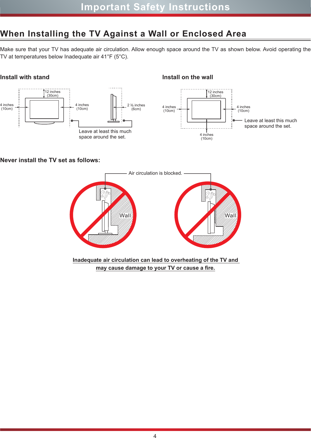 4Important Safety InstructionsWhen Installing the TV Against a Wall or Enclosed AreaInstall with standNever install the TV set as follows:Install on the wallMake sure that your TV has adequate air circulation. Allow enough space around the TV as shown below. Avoid operating the TV at temperatures below Inadequate air 41°F (5°C).Leave at least this much space around the set.Leave at least this much space around the set.4 inches(10cm)4 inches(10cm) 4 inches(10cm)4 inches(10cm)4 inches(10cm)2 3⁄8 inches(6cm)12 inches(30cm) 12 inches(30cm)Wall WallAir circulation is blocked.Inadequate air circulation can lead to overheating of the TV and  may cause damage to your TV or cause a re.