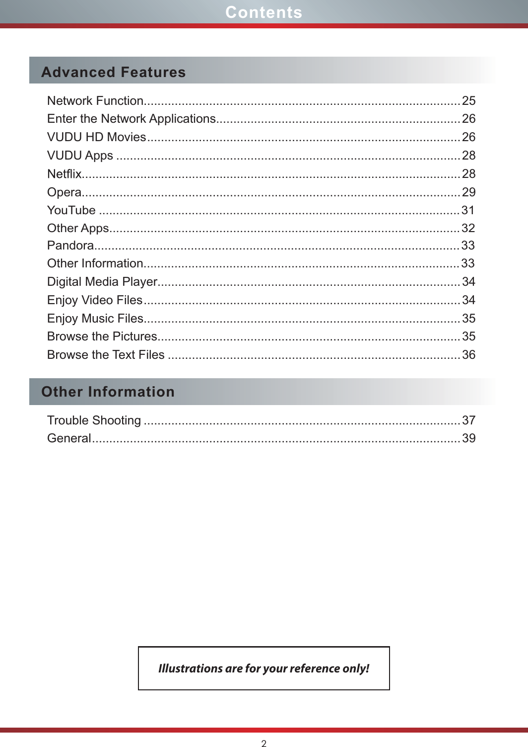 2ContentsAdvanced FeaturesNetwork Function............................................................................................25Enter the Network Applications.......................................................................26VUDU HD Movies ...........................................................................................26VUDU Apps ....................................................................................................28..............................................................................................................28Opera..............................................................................................................29YouTube .........................................................................................................31Other Apps......................................................................................................32Pandora..........................................................................................................33Other Information............................................................................................3343........................................................................................ reyalP aideM latigiDEnjoy Video Files ............................................................................................34Enjoy Music Files............................................................................................35Browse the Pictures........................................................................................35Browse the Text Files ..................................................................................... 36Other InformationTrouble Shooting ............................................................................................37General ...........................................................................................................39Illustrations are for your reference only!
