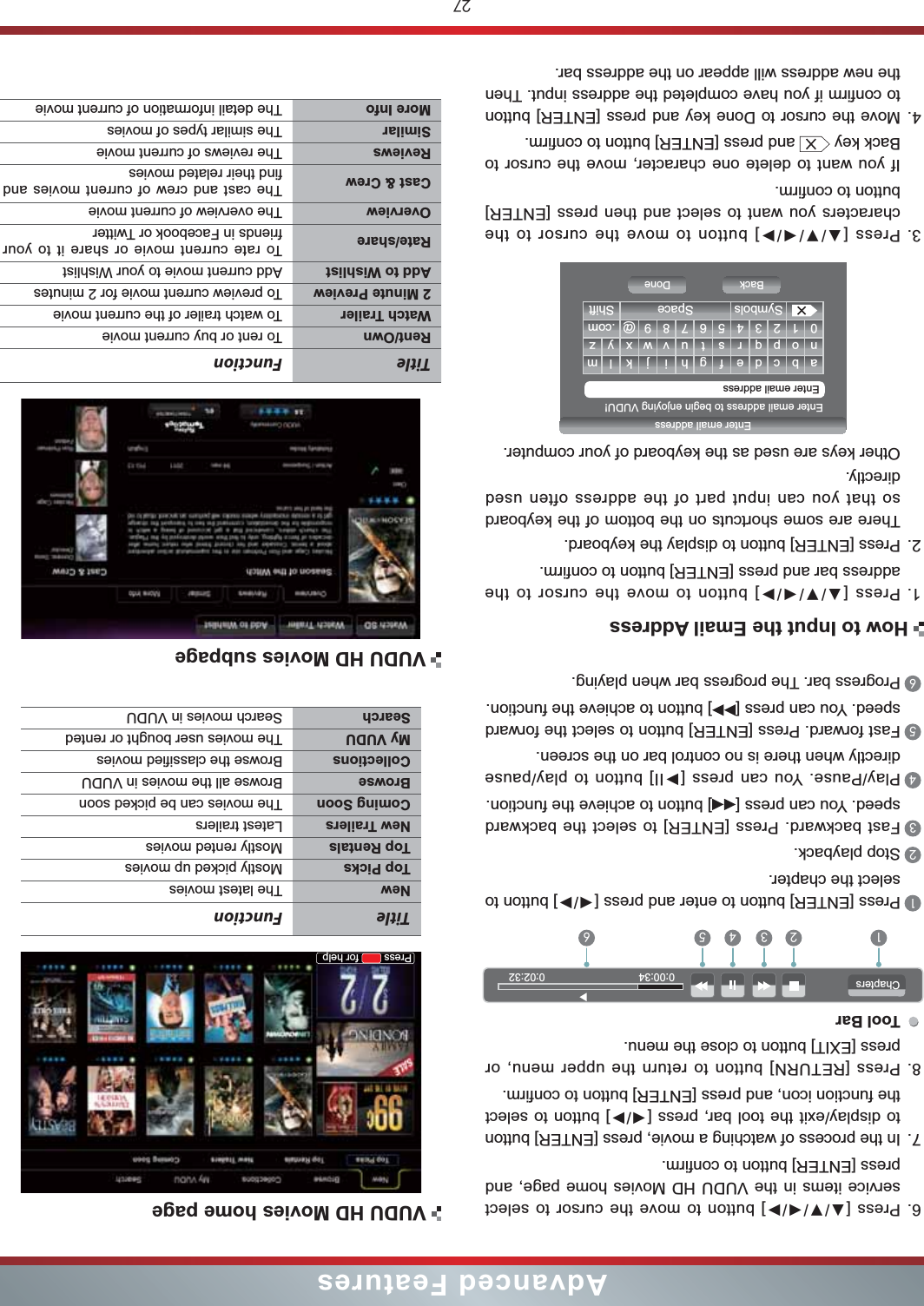 27Advanced FeaturesHow to Input the Email AddressVUDU HD Movies home page6. service items in the VUDU HD Movies home page, and press [ENTER] button to confirm.7. In the process of watching a movie, press [ENTER] button  the function icon, and press [ENTER] button to confirm. 8. Press [RETURN] button to return the upper menu, or press [EXIT] button to close the menu.Tool Bar1select the chapter. 2Stop playback.3Fast backward. Press [ENTER] to select the backward speed. You can press [ ] button to achieve the function.4directly when there is no control bar on the screen.5Fast forward. Press [ENTER] button to select the forward speed. You can press [ ] button to achieve the function.6Progress bar. The progress bar when playing.0:00:34                               0:02:32Chapters1 2 3 4 5 61. address bar and press [ENTER] button to confirm.2. Press [ENTER] button to display the keyboard.There are some shortcuts on the bottom of the keyboard so that you can input part of the address often used directly.Other keys are used as the keyboard of your computer. 3. characters you want to select and then press [ENTER] button to confirm. If you want to delete one character, move the cursor to Back key   and press [ENTER] button to confirm.4. Move the cursor to Done key and press [ENTER] button to confirm if you have completed the address input. Then the new address will appear on the address bar.abcde f gh i j k lmnopq r s t uvwxyz0123456789@.comSymbols Space ShiftEnter email addressBack DoneEnter email addressEnter email address to begin enjoying VUDU!Press   for helpTitle FunctionNew The latest moviesTop Picks Mostly picked up moviesTop Rentals Mostly rented moviesNew Trailers Latest trailersComing Soon The movies can be picked soonBrowse Browse all the movies in VUDUCollections Browse the classified moviesMy VUDU The movies user bought or rentedSearch Search movies in VUDUVUDU HD Movies subpageTitle FunctionRent/Own To rent or buy current movieWatch Trailer To watch trailer of the current movie2 Minute Preview To preview current movie for 2 minutesAdd to Wishlist Add current movie to your WishlistRate/share To rate current movie or share it to your friends in Facebook or TwitterOverview The overview of current movieCast &amp; Crew The cast and crew of current movies and find their related movies Reviews The reviews of current movieSimilar The similar types of moviesMore Info The detail information of current movie