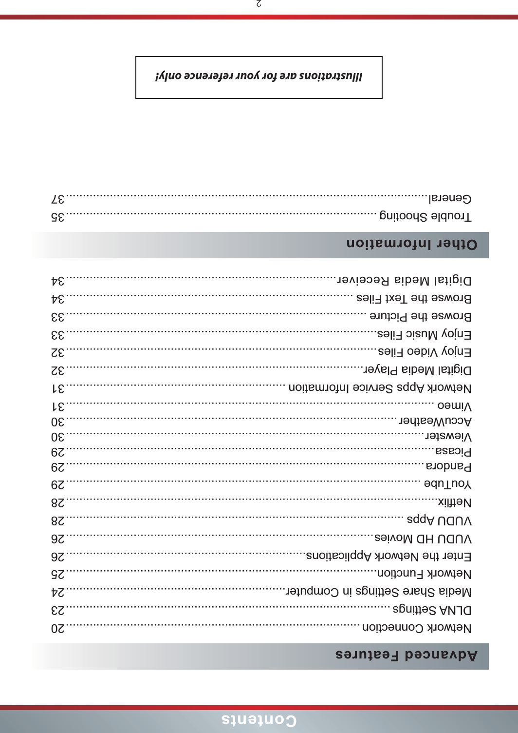 2ContentsIllustrations are for your reference only!Advanced FeaturesNetwork Connection .......................................................................................20DLNA Settings ................................................................................................23Media Share Settings in Computer.................................................................24Network Function............................................................................................25Enter the Network Applications.......................................................................26VUDU HD Movies ...........................................................................................26VUDU Apps ....................................................................................................28Netflix..............................................................................................................28YouTube .........................................................................................................29Pandora .......................................................................................................... 29Picasa .............................................................................................................29Viewster .......................................................................................................... 30AccuWeather ..................................................................................................30Vimeo .............................................................................................................31Network Apps Service Information .................................................................31Digital Media Player........................................................................................32Enjoy Video Files ............................................................................................32Enjoy Music Files............................................................................................33Browse the Picture .........................................................................................33Browse the Text Files .....................................................................................34Digital Media Receiver ................................................................................ 34Other InformationTrouble Shooting ............................................................................................35General ...........................................................................................................37