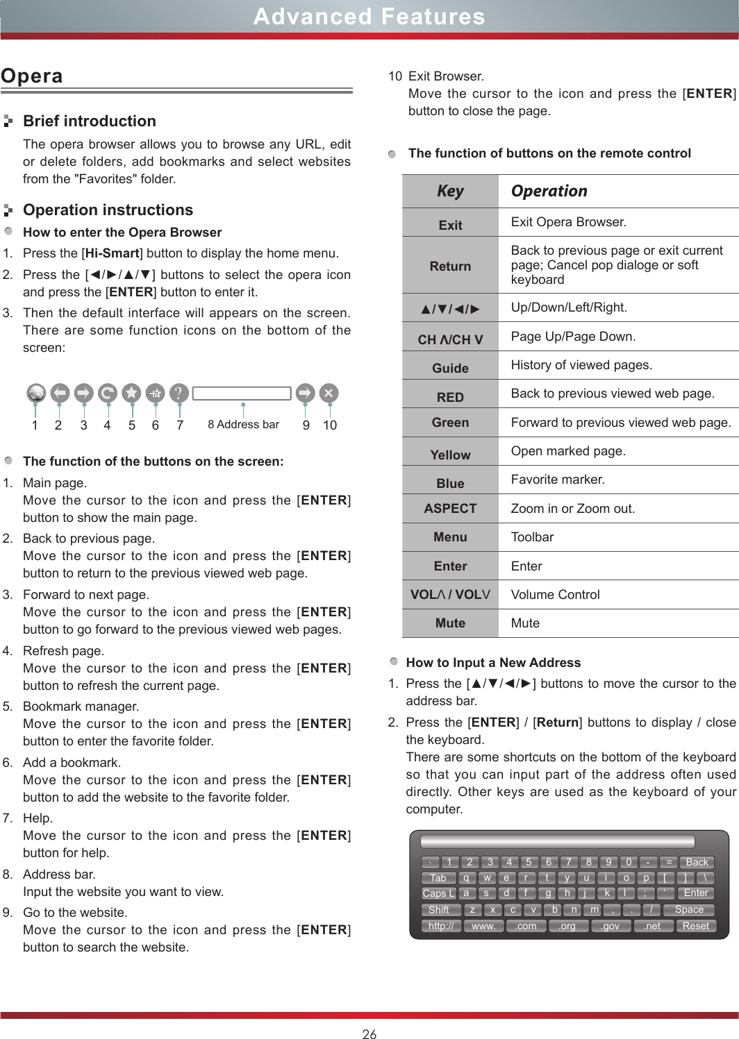 26Advanced FeaturesOperaBrief introductionThe opera browser allows you to browse any URL, edit or delete folders, add bookmarks and select websites from the &quot;Favorites&quot; folder.Operation instructionsHow to enter the Opera Browser1. Press the [Hi-Smart] button to display the home menu.2. Press the [◄/►/▲/▼] buttons to select  the opera icon and press the [ENTER] button to enter it.    3. Then the default interface will appears on the screen. There are some function icons on the bottom of the screen: 21 3 4 5 6 7 9 108 Address bar?The function of the buttons on the screen:1. Main page.Move the cursor to the icon and press the [ENTER] button to show the main page.2. Back to previous page.Move the cursor to the icon and press the [ENTER] button to return to the previous viewed web page.3. Forward to next page.  Move the cursor to the icon and press the [ENTER] button to go forward to the previous viewed web pages.4. Refresh page.Move the cursor to the icon and press the [ENTER] button to refresh the current page.5. Bookmark manager.Move the cursor to the icon and press the [ENTER] button to enter the favorite folder.6. Add a bookmark.Move the cursor to the icon and press the [ENTER] button to add the website to the favorite folder.7. Help.Move the cursor to the icon and press the [ENTER] button for help.8. Address bar.Input the website you want to view.9. Go to the website.Move the cursor to the icon and press the [ENTER] button to search the website.10 Exit Browser.Move the cursor to the icon and press the [ENTER] button to close the page.The function of buttons on the remote controlKey OperationExit Exit Opera Browser.ReturnBack to previous page or exit current page; Cancel pop dialoge or soft keyboard▲/▼/◄/► Up/Down/Left/Right.CH Λ/CH V Page Up/Page Down.Guide History of viewed pages.RED Back to previous viewed web page.Green Forward to previous viewed web page.Yellow Open marked page.Blue Favorite marker.ASPECT Zoom in or Zoom out.Menu ToolbarEnter EnterVOLΛ / VOLV Volume ControlMute MuteHow to Input a New Address1. Press the [▲/▼/◄/►] buttons to move the cursor to the address bar.2. Press the [ENTER] / [Return] buttons to display / close the keyboard.There are some shortcuts on the bottom of the keyboard so that you can input part of the address often used directly. Other keys are used as the keyboard of your computer. 1 2wsxedcrfvtgbyhnujmik,ol.p;/[‘]EnterSpace\qazTabCaps LShifthttp:// www. .com .org .gov .net Reset3 4 5 6 7 8 9 0 - = Back、