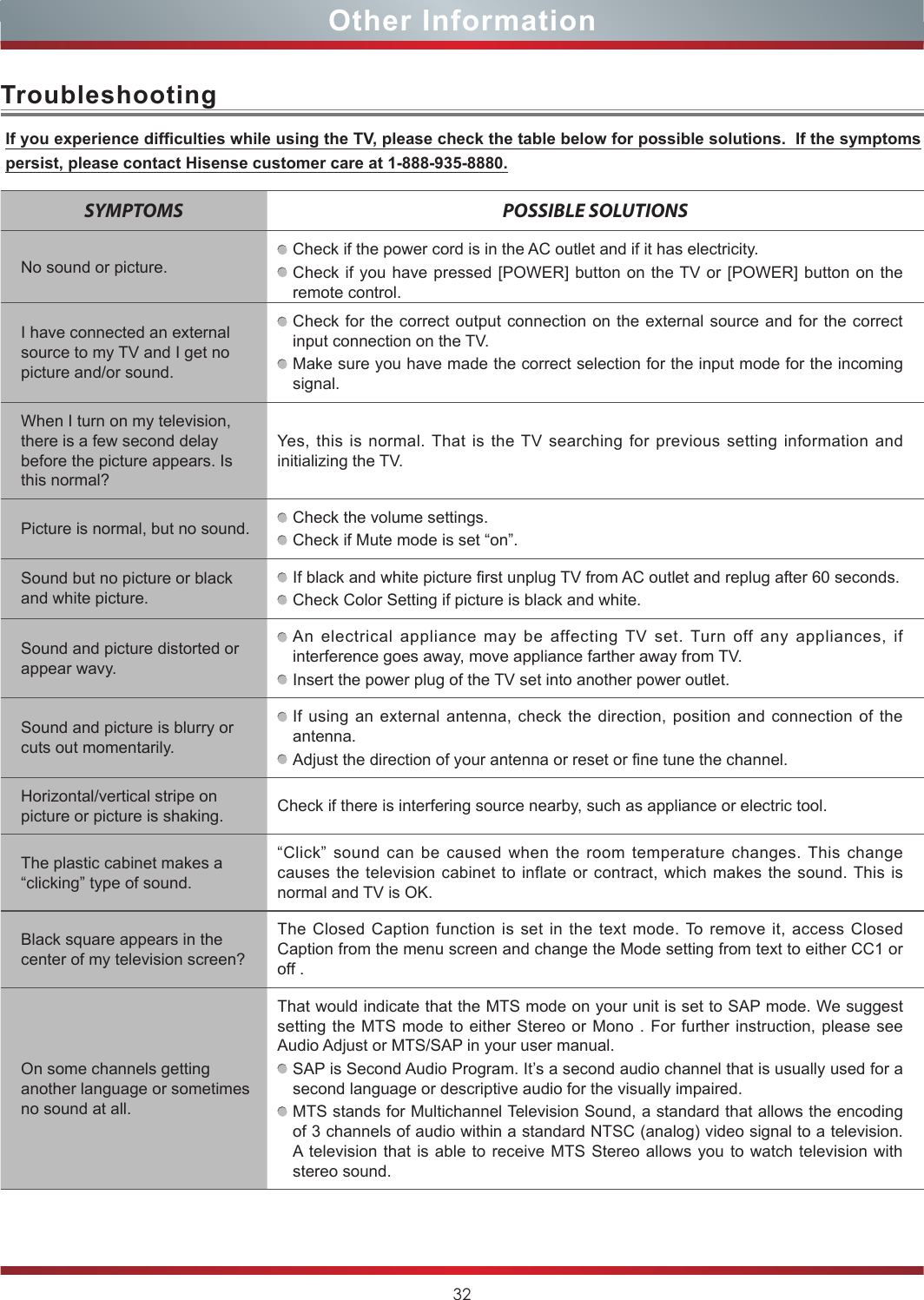 32Other InformationIf you experience difculties while using the TV, please check the table below for possible solutions.  If the symptoms persist, please contact Hisense customer care at 1-888-935-8880.SYMPTOMS POSSIBLE SOLUTIONSNo sound or picture.Check if the power cord is in the AC outlet and if it has electricity.Check if you have pressed [POWER] button on the TV or [POWER] button on the remote control.I have connected an external source to my TV and I get no picture and/or sound.Check for the correct output connection on the external source and for the correct input connection on the TV.Make sure you have made the correct selection for the input mode for the incoming signal.When I turn on my television, there is a few second delay before the picture appears. Is this normal?Yes, this is normal. That is the TV searching for previous setting information and initializing the TV.Picture is normal, but no sound. Check the volume settings.Check if Mute mode is set “on”.Sound but no picture or black and white picture.If black and white picture first unplug TV from AC outlet and replug after 60 seconds.Check Color Setting if picture is black and white.Sound and picture distorted or appear wavy.An electrical appliance may be affecting TV set. Turn off any appliances, if interference goes away, move appliance farther away from TV.Insert the power plug of the TV set into another power outlet.Sound and picture is blurry or cuts out momentarily.If using an external antenna, check the direction, position and connection of the antenna.Adjust the direction of your antenna or reset or fine tune the channel.Horizontal/vertical stripe on picture or picture is shaking. Check if there is interfering source nearby, such as appliance or electric tool.The plastic cabinet makes a “clicking” type of sound.“Click” sound can be caused when the room temperature changes. This change causes the television cabinet to inflate or contract, which makes the sound. This is normal and TV is OK.Black square appears in the center of my television screen?The Closed Caption function is set in the text mode. To remove it, access Closed Caption from the menu screen and change the Mode setting from text to either CC1 or off .On some channels getting another language or sometimes no sound at all.That would indicate that the MTS mode on your unit is set to SAP mode. We suggest setting the MTS mode to either Stereo or Mono . For further instruction, please see Audio Adjust or MTS/SAP in your user manual.SAP is Second Audio Program. It’s a second audio channel that is usually used for a second language or descriptive audio for the visually impaired.MTS stands for Multichannel Television Sound, a standard that allows the encoding of 3 channels of audio within a standard NTSC (analog) video signal to a television. A television that is able to receive MTS Stereo allows you to watch television with stereo sound.Troubleshooting