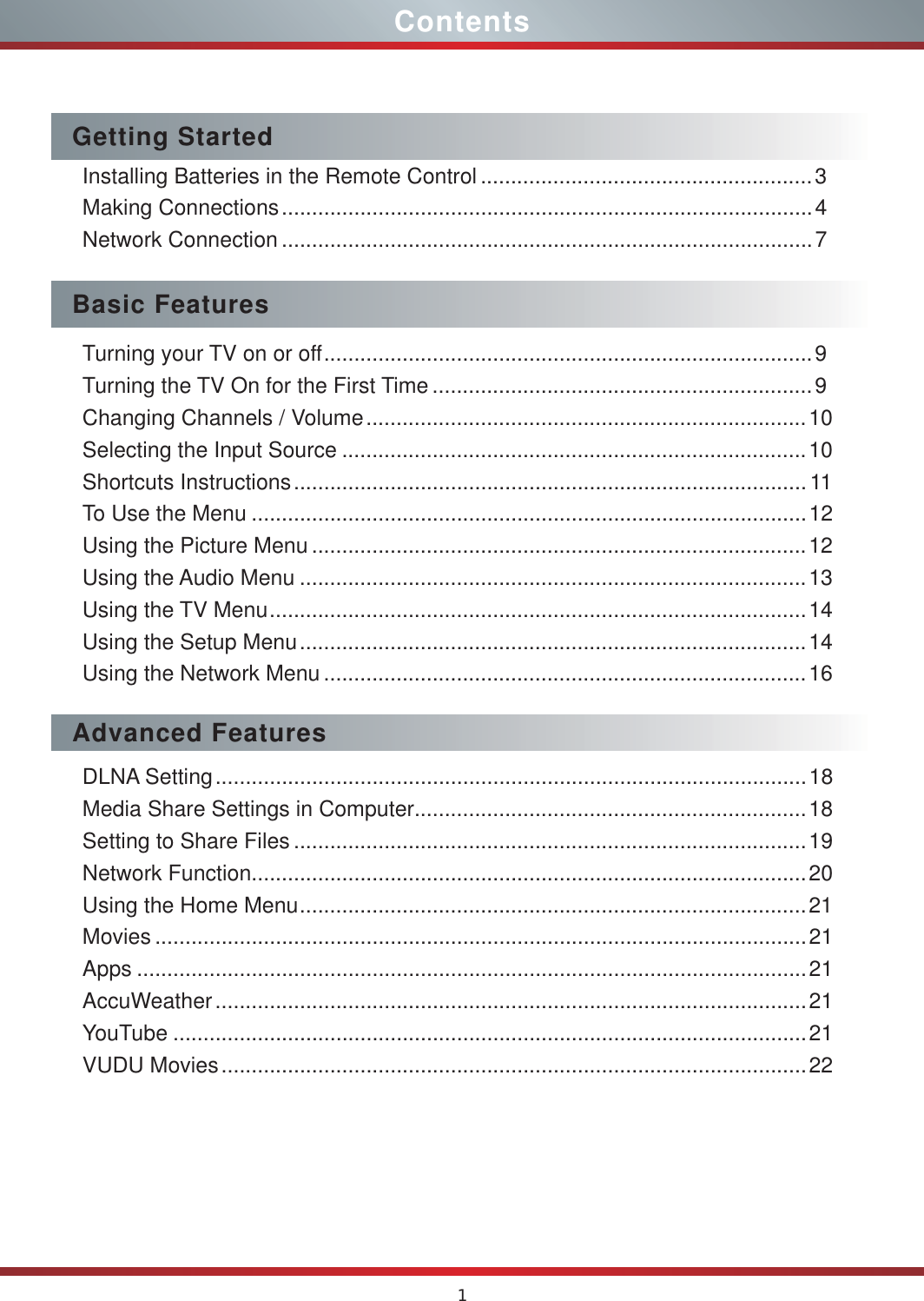 1ContentsGetting StartedInstalling Batteries in the Remote Control .......................................................3Making Connections ........................................................................................4Network Connection ........................................................................................7Basic FeaturesTurning your TV on or off .................................................................................9Turning the TV On for the First Time ...............................................................9Changing Channels / Volume .........................................................................10Selecting the Input Source .............................................................................10Shortcuts Instructions .....................................................................................11To Use the Menu ............................................................................................12Using the Picture Menu ..................................................................................12Using the Audio Menu ....................................................................................13Using the TV Menu .........................................................................................14Using the Setup Menu ....................................................................................14Using the Network Menu ................................................................................16Advanced FeaturesDLNA Setting ..................................................................................................18Media Share Settings in Computer.................................................................18Setting to Share Files .....................................................................................19Network Function............................................................................................20Using the Home Menu ....................................................................................21Movies ............................................................................................................21Apps ...............................................................................................................21AccuWeather ..................................................................................................21YouTube .........................................................................................................21VUDU Movies .................................................................................................22
