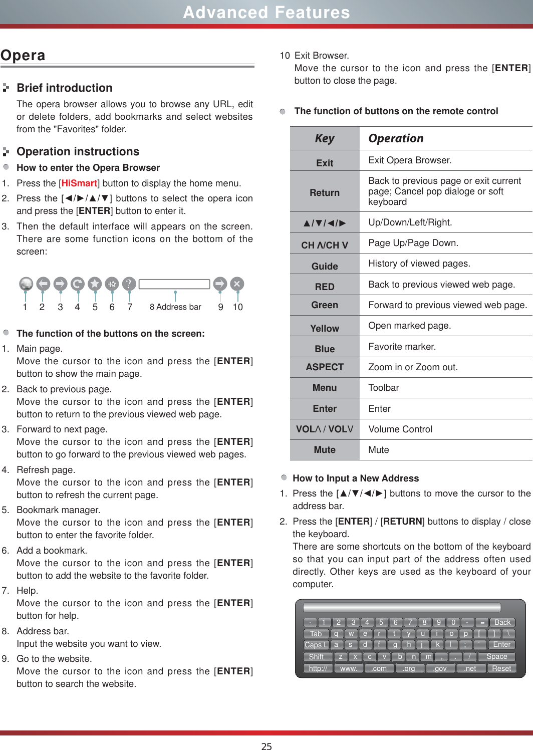 25Advanced FeaturesOperaBrief introductionThe opera browser allows you to browse any URL, edit or delete folders, add bookmarks and select websites from the &quot;Favorites&quot; folder.Operation instructionsHow to enter the Opera Browser1. Press the [HiSmart] button to display the home menu.2. 3UHVVWKH&gt;ŻŹŸź@EXWWRQVWRVHOHFWWKHRSHUDLFRQand press the [ENTER] button to enter it.    3. Then the default interface will appears on the screen. There are some function icons on the bottom of the screen: 2134567 9108 Address bar&quot;The function of the buttons on the screen:1. Main page.Move the cursor to the icon and press the [ENTER] button to show the main page.2. Back to previous page.Move the cursor to the icon and press the [ENTER] button to return to the previous viewed web page.3. Forward to next page.  Move the cursor to the icon and press the [ENTER] button to go forward to the previous viewed web pages.4. Refresh page.Move the cursor to the icon and press the [ENTER] button to refresh the current page.5. Bookmark manager.Move the cursor to the icon and press the [ENTER] button to enter the favorite folder.6. Add a bookmark.Move the cursor to the icon and press the [ENTER] button to add the website to the favorite folder.7. Help.Move the cursor to the icon and press the [ENTER] button for help.8. Address bar.Input the website you want to view.9. Go to the website.Move the cursor to the icon and press the [ENTER] button to search the website.10 Exit Browser.Move the cursor to the icon and press the [ENTER] button to close the page.The function of buttons on the remote controlKey OperationExit Exit Opera Browser.Return Back to previous page or exit current page; Cancel pop dialoge or soft keyboardŸźŻŹ Up/Down/Left/Right.&amp;+ȁ&amp;+9 Page Up/Page Down.Guide History of viewed pages.RED Back to previous viewed web page.Green Forward to previous viewed web page.Yellow Open marked page.Blue Favorite marker.ASPECT Zoom in or Zoom out.Menu ToolbarEnter EnterVOLȁ/ VOLV Volume ControlMute MuteHow to Input a New Address1. 3UHVVWKH&gt;ŸźŻŹ@EXWWRQVWRPRYHWKHFXUVRUWRWKHaddress bar.2. Press the [ENTER] / [RETURN] buttons to display / close the keyboard.There are some shortcuts on the bottom of the keyboard so that you can input part of the address often used directly. Other keys are used as the keyboard of your computer. 12wsxedcrfvtgbyhnujmik,ol.p;/[‘]EnterSpace\qazTabCaps LShifthttp:// www. .com .org .gov .net Reset3 4 5 6 7 8 9 0 - = Backǃ