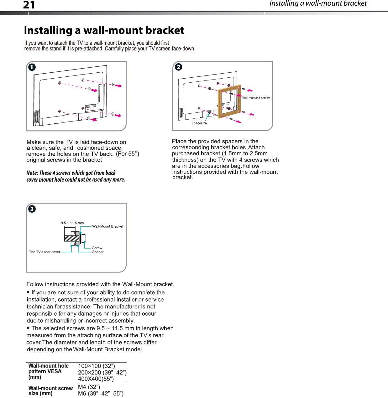 Installing a wall-mount bracket21If you want to attach the TV to a wall-mount bracket, you should first remove the stand if it is pre-attached. Carefully place your TV screen face-down (For 55’’)Wall-mount holepattern VESA(mm)100×100 (32”)200×200 (39”  42”) Wall-mount screw size (mm)M4 (32”)M6 (39”  42”  55”) 400X400(55”)