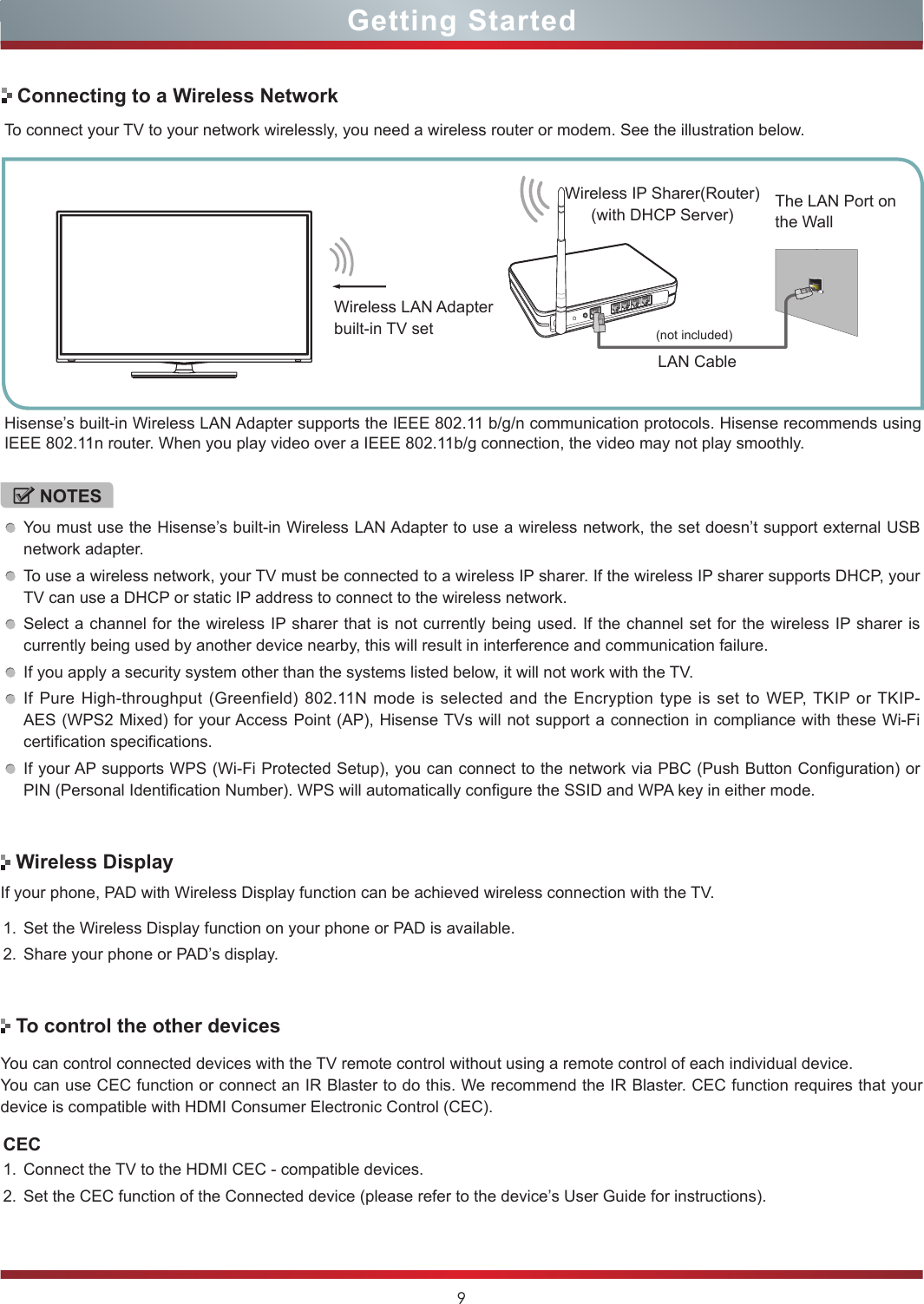 9Getting StartedTo connect your TV to your network wirelessly, you need a wireless router or modem. See the illustration below. Hisense’s built-in Wireless LAN Adapter supports the IEEE 802.11 b/g/n communication protocols. Hisense recommends using IEEE 802.11n router. When you play video over a IEEE 802.11b/g connection, the video may not play smoothly. NOTESYou must use the Hisense’s built-in Wireless LAN Adapter to use a wireless network, the set doesn’t support external USB network adapter.To use a wireless network, your TV must be connected to a wireless IP sharer. If the wireless IP sharer supports DHCP, your TV can use a DHCP or static IP address to connect to the wireless network.Select a channel for the wireless IP sharer that is not currently being used. If the channel set for the wireless IP sharer is currently being used by another device nearby, this will result in interference and communication failure.If you apply a security system other than the systems listed below, it will not work with the TV.  If Pure High-throughput (Greenfield) 802.11N mode is selected and the Encryption type is set to WEP, TKIP or TKIP-AES (WPS2 Mixed) for your Access Point (AP), Hisense TVs will not support a connection in compliance with these Wi-Fi certification specifications.If your AP supports WPS (Wi-Fi Protected Setup), you can connect to the network via PBC (Push Button Configuration) or PIN (Personal Identification Number). WPS will automatically configure the SSID and WPA key in either mode.Connecting to a Wireless NetworkTo control the other devicesWireless DisplayWireless IP Sharer(Router)(with DHCP Server)LAN CableWireless LAN Adapterbuilt-in TV setThe LAN Port on the WallYou can control connected devices with the TV remote control without using a remote control of each individual device.You can use CEC function or connect an IR Blaster to do this. We recommend the IR Blaster. CEC function requires that your device is compatible with HDMI Consumer Electronic Control (CEC). If your phone, PAD with Wireless Display function can be achieved wireless connection with the TV.CEC1. Connect the TV to the HDMI CEC - compatible devices.2. Set the CEC function of the Connected device (please refer to the device’s User Guide for instructions).1. Set the Wireless Display function on your phone or PAD is available.2. Share your phone or PAD’s display.(not included)