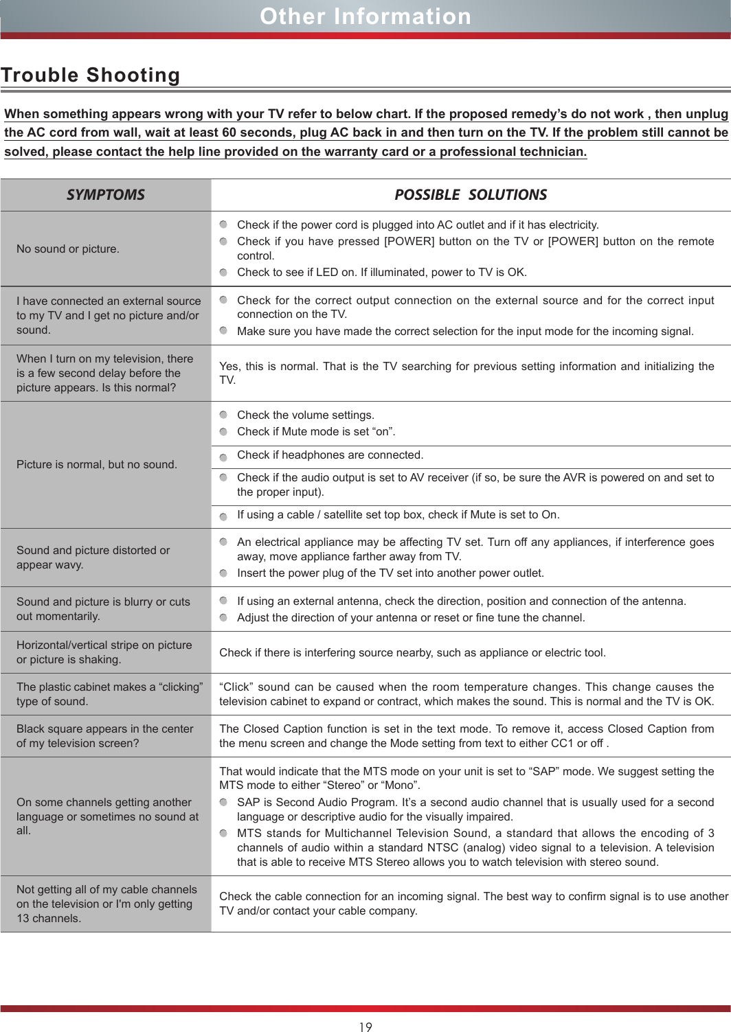 19Other InformationTrouble ShootingWhen something appears wrong with your TV refer to below chart. If the proposed remedy’s do not work , then unplug the AC cord from wall, wait at least 60 seconds, plug AC back in and then turn on the TV. If the problem still cannot be solved, please contact the help line provided on the warranty card or a professional technician.SYMPTOMS POSSIBLE   SOLUTIONSNo sound or picture.Check if the power cord is plugged into AC outlet and if it has electricity.Check if you have pressed [POWER] button on the TV or [POWER] button on the remote control.Check to see if LED on. If illuminated, power to TV is OK.I have connected an external source to my TV and I get no picture and/or sound.Check for the correct output connection on the external source and for the correct input connection on the TV.Make sure you have made the correct selection for the input mode for the incoming signal.When I turn on my television, there is a few second delay before the picture appears. Is this normal?Yes, this is normal. That is the TV searching for previous setting information and initializing the TV.Picture is normal, but no sound.Check the volume settings.Check if Mute mode is set “on”.Check if headphones are connected.Check if the audio output is set to AV receiver (if so, be sure the AVR is powered on and set to the proper input).If using a cable / satellite set top box, check if Mute is set to On.Sound and picture distorted or appear wavy.An electrical appliance may be affecting TV set. Turn off any appliances, if interference goes away, move appliance farther away from TV.Insert the power plug of the TV set into another power outlet.Sound and picture is blurry or cuts out momentarily.If using an external antenna, check the direction, position and connection of the antenna.Adjust the direction of your antenna or reset or fine tune the channel.Horizontal/vertical stripe on picture or picture is shaking. Check if there is interfering source nearby, such as appliance or electric tool.The plastic cabinet makes a “clicking” type of sound.“Click” sound can be caused when the room temperature changes. This change causes the television cabinet to expand or contract, which makes the sound. This is normal and the TV is OK.Black square appears in the center of my television screen?The Closed Caption function is set in the text mode. To remove it, access Closed Caption from the menu screen and change the Mode setting from text to either CC1 or off .On some channels getting another language or sometimes no sound at all.That would indicate that the MTS mode on your unit is set to “SAP” mode. We suggest setting the MTS mode to either “Stereo” or “Mono”. SAP is Second Audio Program. It’s a second audio channel that is usually used for a second language or descriptive audio for the visually impaired.MTS stands for Multichannel Television Sound, a standard that allows the encoding of 3 channels of audio within a standard NTSC (analog) video signal to a television. A television that is able to receive MTS Stereo allows you to watch television with stereo sound.Not getting all of my cable channels on the television or I&apos;m only getting 13 channels.Check the cable connection for an incoming signal. The best way to confirm signal is to use another TV and/or contact your cable company.