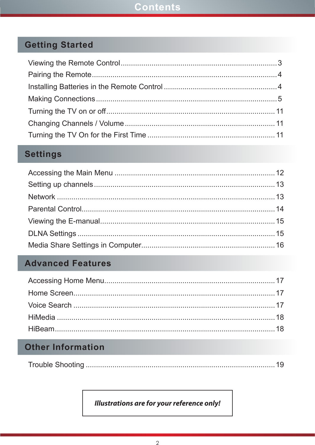 2ContentsIllustrations are for your reference only!Getting StartedViewing the Remote Control ............................................................................ 3Pairing the Remote ..........................................................................................4Installing Batteries in the Remote Control .......................................................4Making Connections ........................................................................................ 5Turning the TV on or off .................................................................................. 11Changing Channels / Volume ......................................................................... 11Turning the TV On for the First Time .............................................................. 11SettingsAccessing the Main Menu ..............................................................................12Setting up channels ........................................................................................ 13Network ..........................................................................................................13Parental Control..............................................................................................14 Viewing the E-manual .....................................................................................15DLNA Settings ................................................................................................ 15Media Share Settings in Computer.................................................................16Advanced FeaturesAccessing Home Menu...................................................................................17Home Screen..................................................................................................17Voice Search .................................................................................................. 17HiMedia ..........................................................................................................18HiBeam ...........................................................................................................18Other InformationTrouble Shooting ............................................................................................19