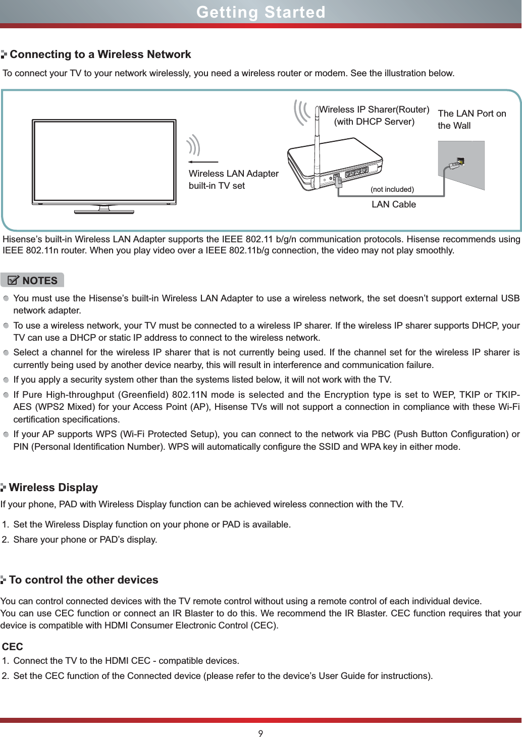 9Getting StartedTo connect your TV to your network wirelessly, you need a wireless router or modem. See the illustration below. Hisense’s built-in Wireless LAN Adapter supports the IEEE 802.11 b/g/n communication protocols. Hisense recommends using IEEE 802.11n router. When you play video over a IEEE 802.11b/g connection, the video may not play smoothly. NOTESYou must use the Hisense’s built-in Wireless LAN Adapter to use a wireless network, the set doesn’t support external USB network adapter.To use a wireless network, your TV must be connected to a wireless IP sharer. If the wireless IP sharer supports DHCP, your TV can use a DHCP or static IP address to connect to the wireless network.Select a channel for the wireless IP sharer that is not currently being used. If the channel set for the wireless IP sharer is currently being used by another device nearby, this will result in interference and communication failure.If you apply a security system other than the systems listed below, it will not work with the TV.  If Pure High-throughput (Greenfield) 802.11N mode is selected and the Encryption type is set to WEP, TKIP or TKIP-AES (WPS2 Mixed) for your Access Point (AP), Hisense TVs will not support a connection in compliance with these Wi-Fi certification specifications.If your AP supports WPS (Wi-Fi Protected Setup), you can connect to the network via PBC (Push Button Configuration) or PIN (Personal Identification Number). WPS will automatically configure the SSID and WPA key in either mode.Connecting to a Wireless NetworkTo control the other devicesWireless DisplayWireless IP Sharer(Router)(with DHCP Server)LAN CableWireless LAN Adapterbuilt-in TV setThe LAN Port on the WallYou can control connected devices with the TV remote control without using a remote control of each individual device.You can use CEC function or connect an IR Blaster to do this. We recommend the IR Blaster. CEC function requires that your device is compatible with HDMI Consumer Electronic Control (CEC). If your phone, PAD with Wireless Display function can be achieved wireless connection with the TV.CEC1. Connect the TV to the HDMI CEC - compatible devices.2. Set the CEC function of the Connected device (please refer to the device’s User Guide for instructions).1. Set the Wireless Display function on your phone or PAD is available.2. Share your phone or PAD’s display.(not included)